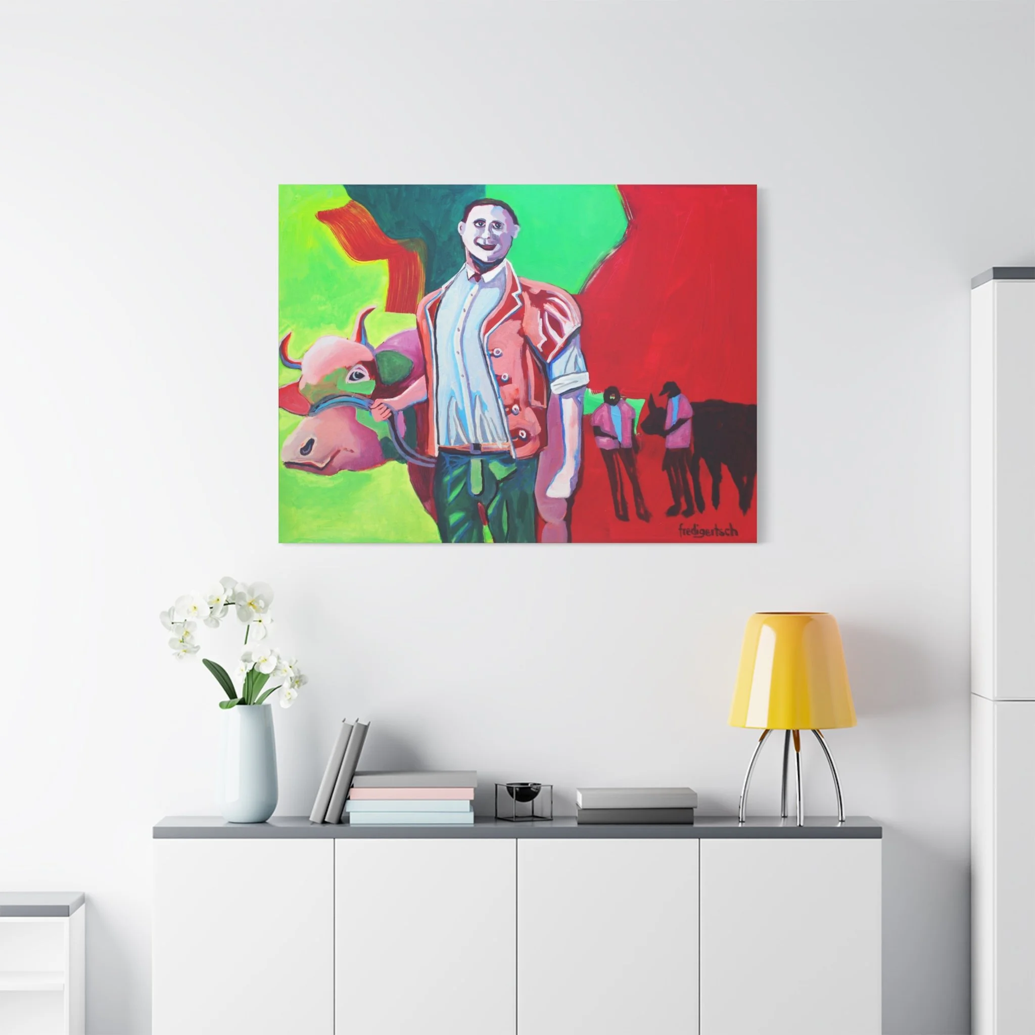 Siegermuni, Kunstdruck nach dem Original von Fredi Gertsch (2012), Schweizer Kunst mit Mann in Tracht und Muni vor grünen und roten Farbflächen, Serie Highlights 2012