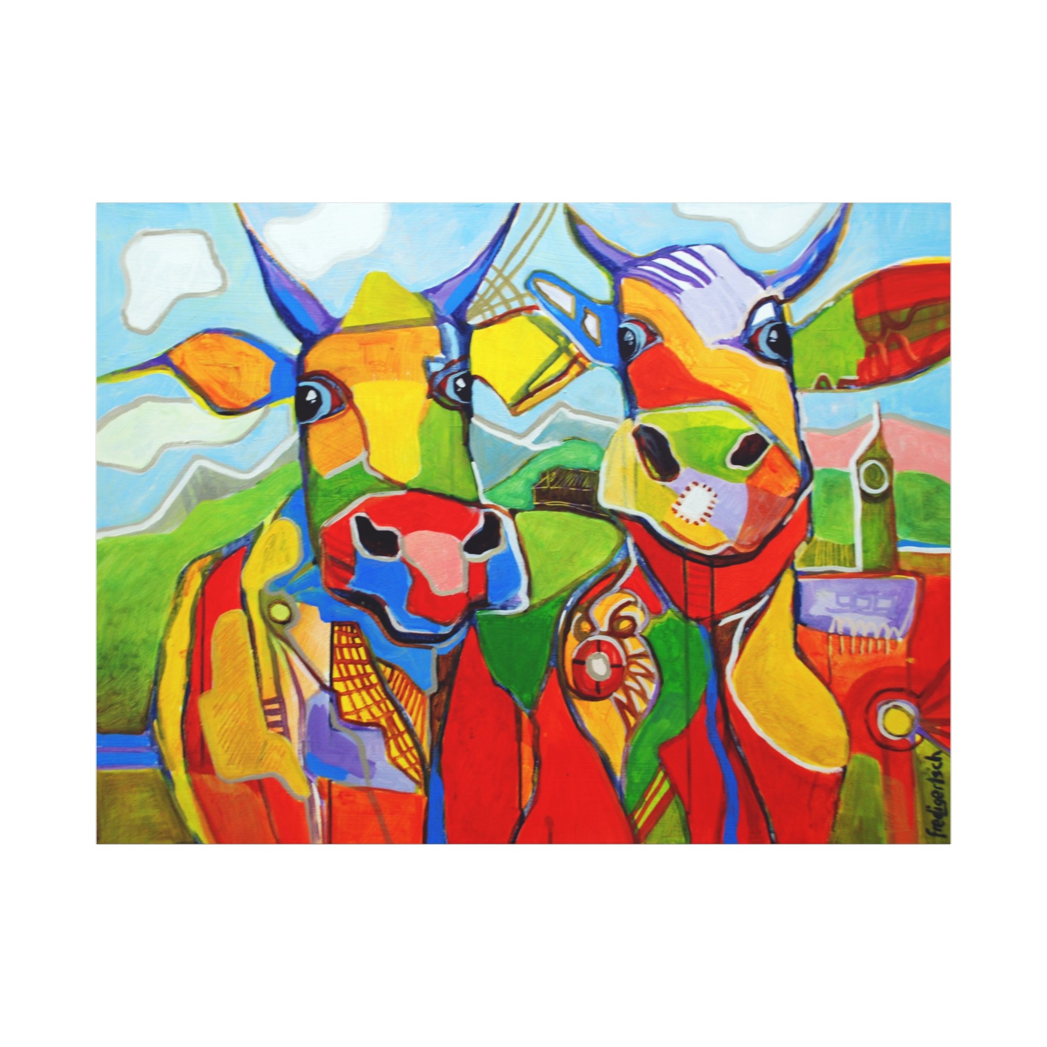 Modern Talking, Kunstdruck nach dem Original von Fredi Gertsch (2012), Schweizer Kunst mit zwei Kühen in kräftigen Farben, Serie Highlights 2012