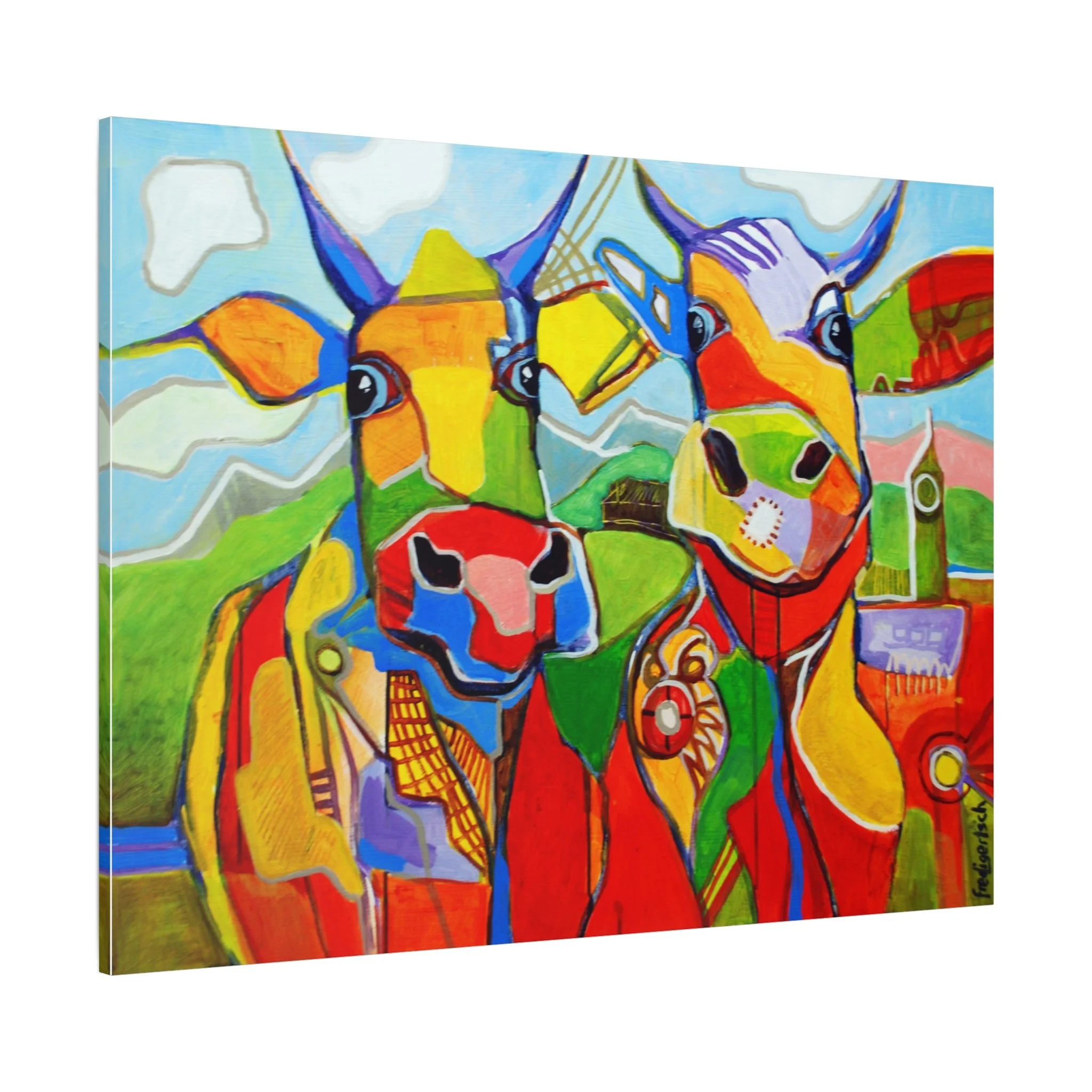 Modern Talking, Kunstdruck nach dem Original von Fredi Gertsch (2012), Schweizer Kunst mit zwei Kühen in kräftigen Farben, Serie Highlights 2012