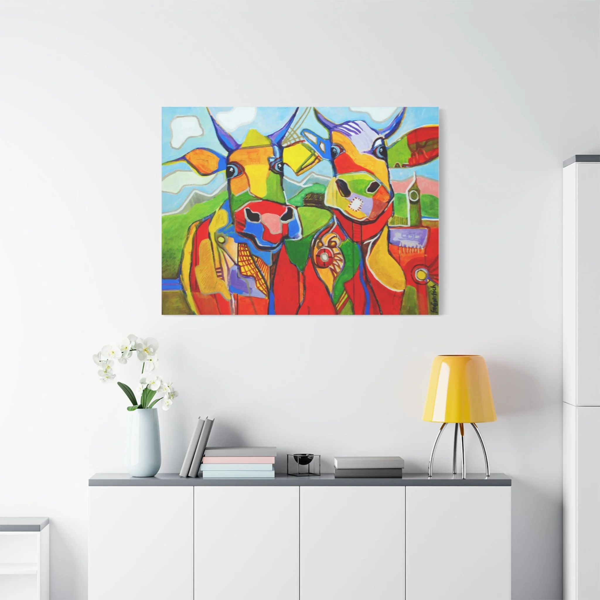 Modern Talking, Kunstdruck nach dem Original von Fredi Gertsch (2012), Schweizer Kunst mit zwei Kühen in kräftigen Farben, Serie Highlights 2012