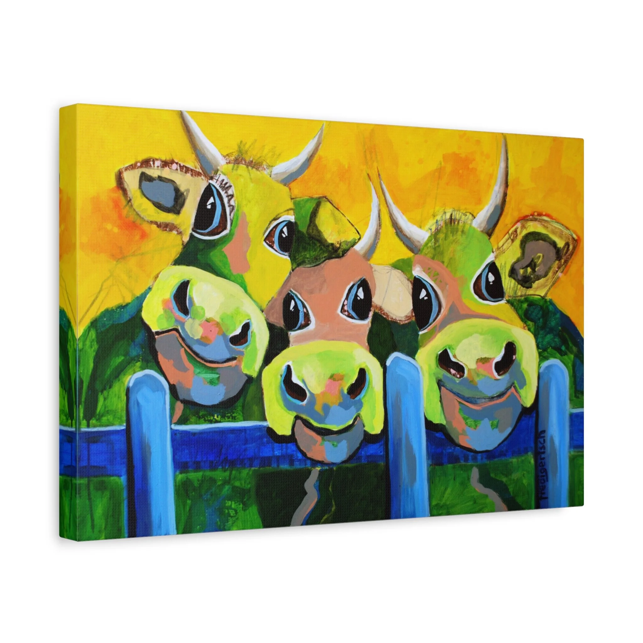 Drei Tenöre, Kunstdruck nach dem Original von Fredi Gertsch (2012), Schweizer Kunst mit drei Kühen hinter blauem Zaun vor gelbem Hintergrund, Serie Highlights 2012