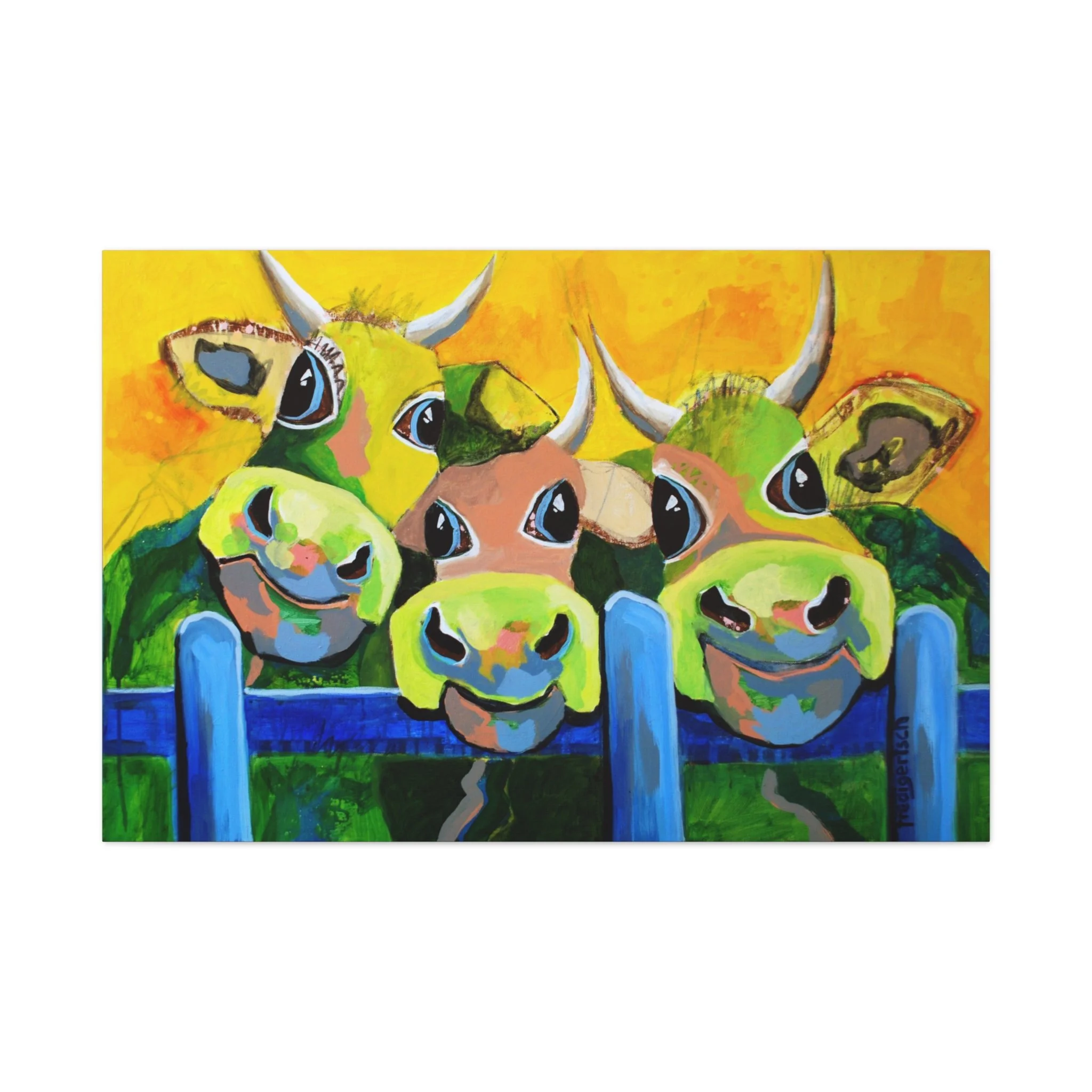 Drei Tenöre, Kunstdruck nach dem Original von Fredi Gertsch (2012), Schweizer Kunst mit drei Kühen hinter blauem Zaun vor gelbem Hintergrund, Serie Highlights 2012