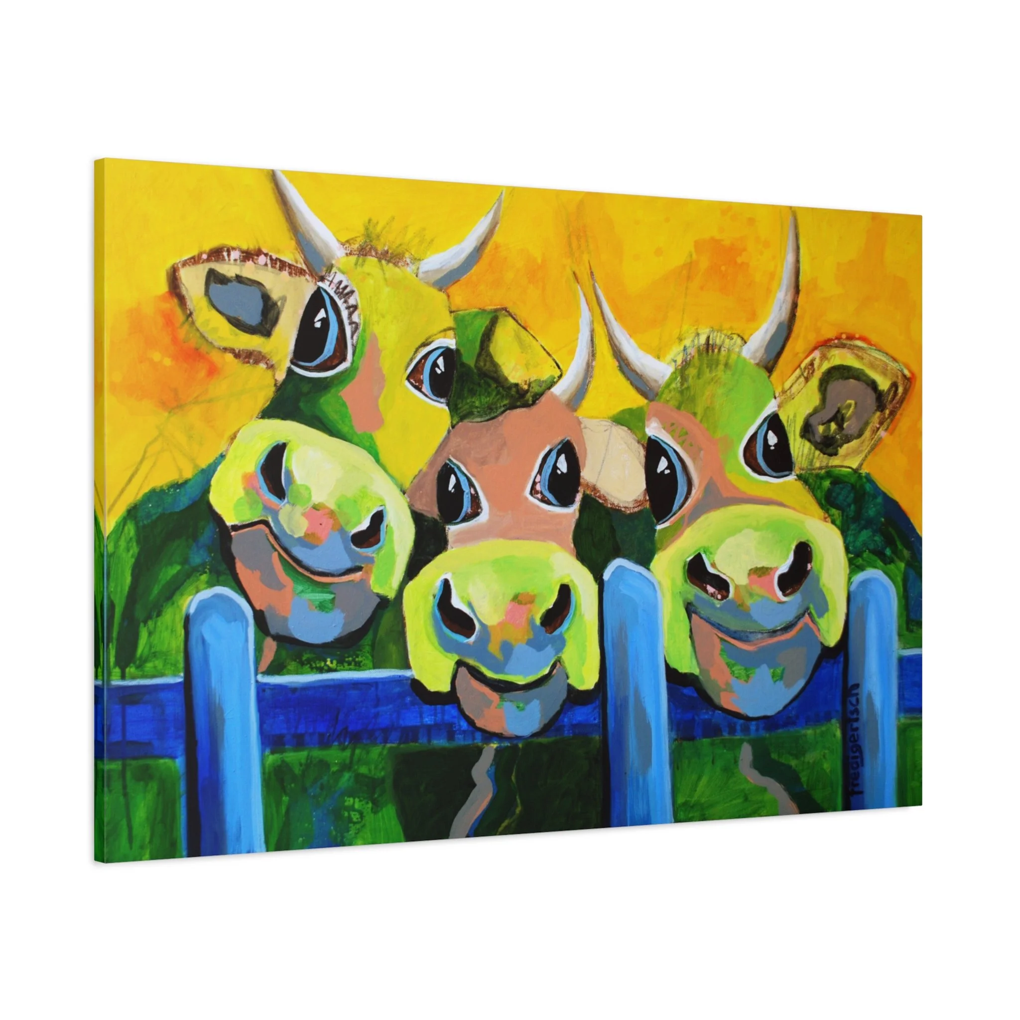 Drei Tenöre, Kunstdruck nach dem Original von Fredi Gertsch (2012), Schweizer Kunst mit drei Kühen hinter blauem Zaun vor gelbem Hintergrund, Serie Highlights 2012