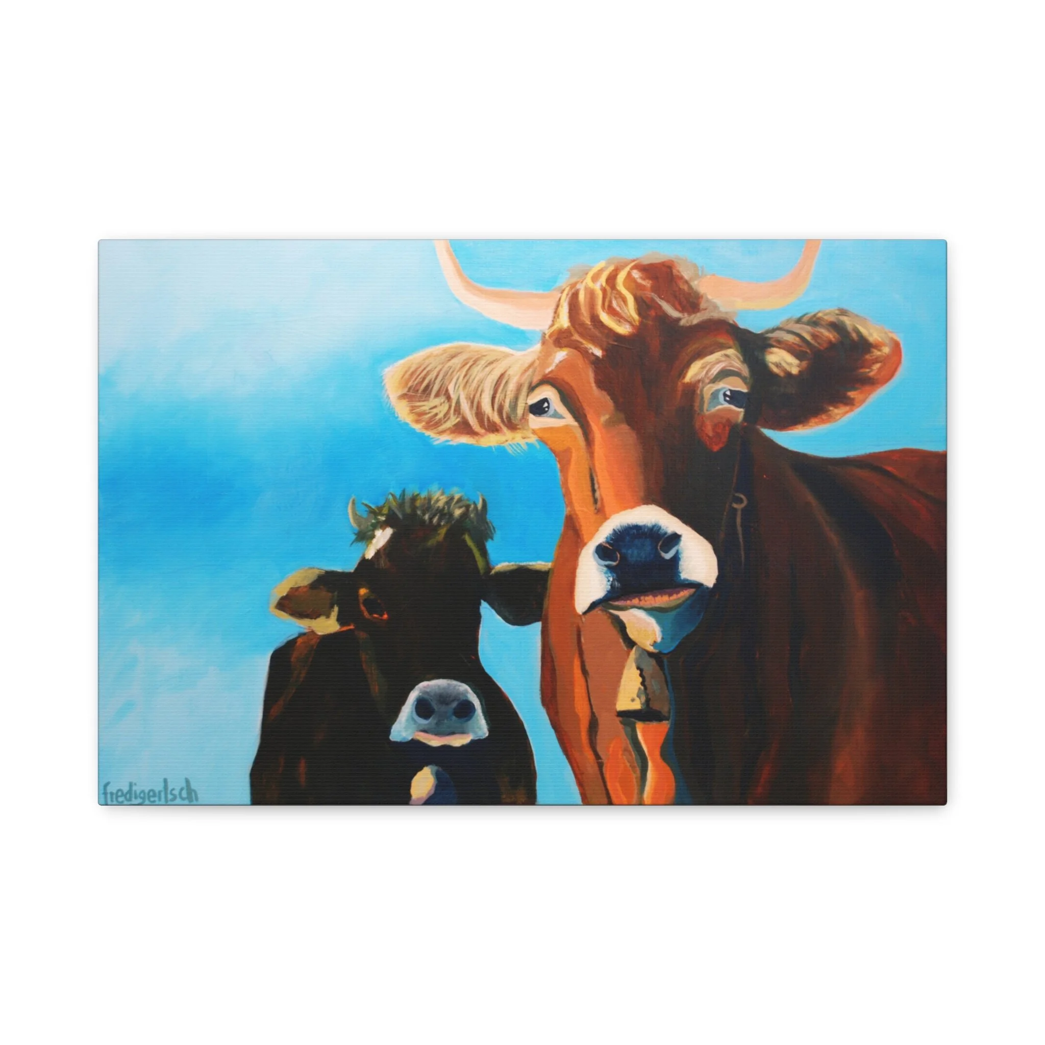 Brownies, Kunstdruck nach dem Original von Fredi Gertsch (2012), Schweizer Kunst mit zwei braunen Kühen vor blauem Himmel, Serie Highlights 2012
