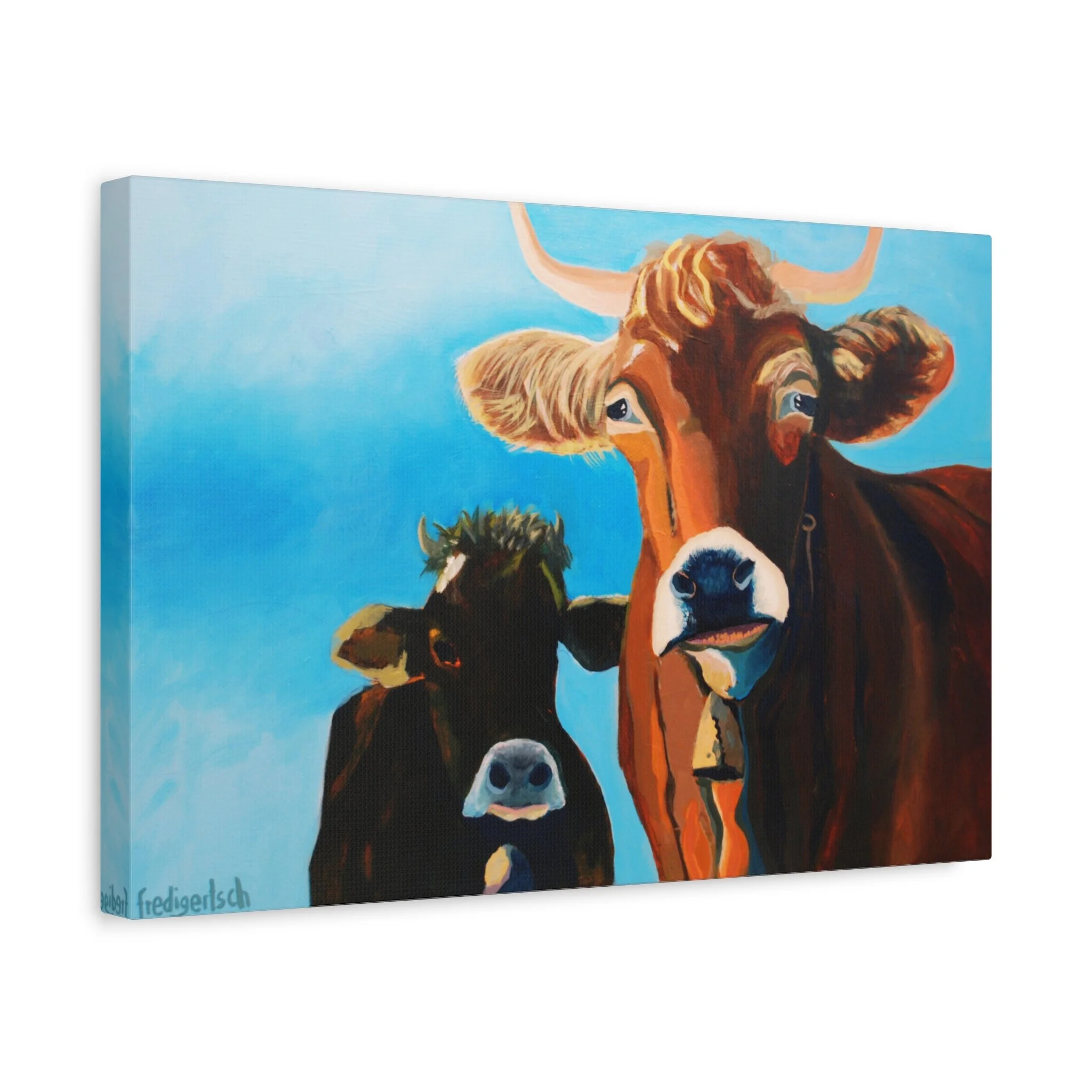 Brownies, Kunstdruck nach dem Original von Fredi Gertsch (2012), Schweizer Kunst mit zwei braunen Kühen vor blauem Himmel, Serie Highlights 2012
