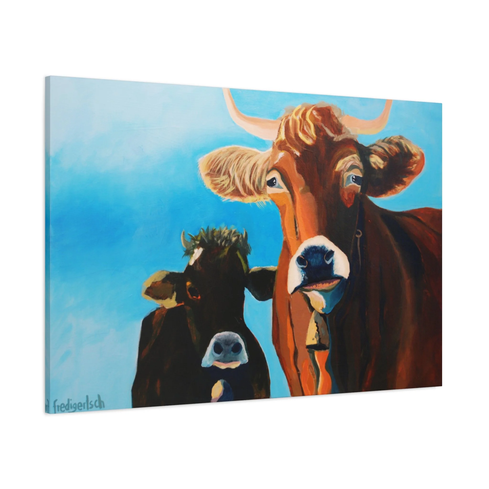 Brownies, Kunstdruck nach dem Original von Fredi Gertsch (2012), Schweizer Kunst mit zwei braunen Kühen vor blauem Himmel, Serie Highlights 2012