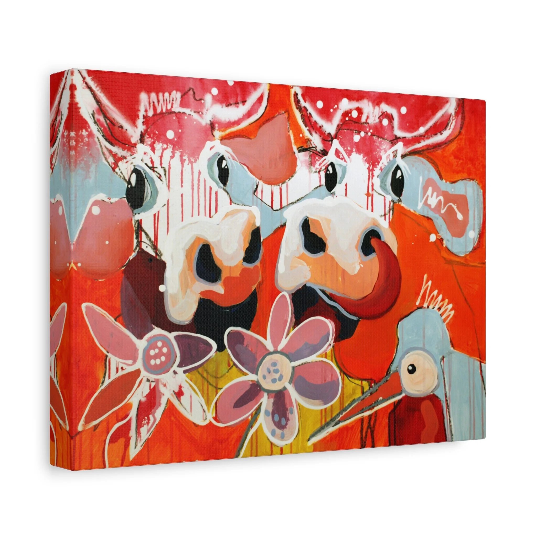 A-Hörnchen & B-Hörnchen, Kunstdruck nach dem Original von Fredi Gertsch (2012), Schweizer Kunst mit zwei Kühen, Blumen und Vogel vor rotem Hintergrund, Serie Highlights 2012