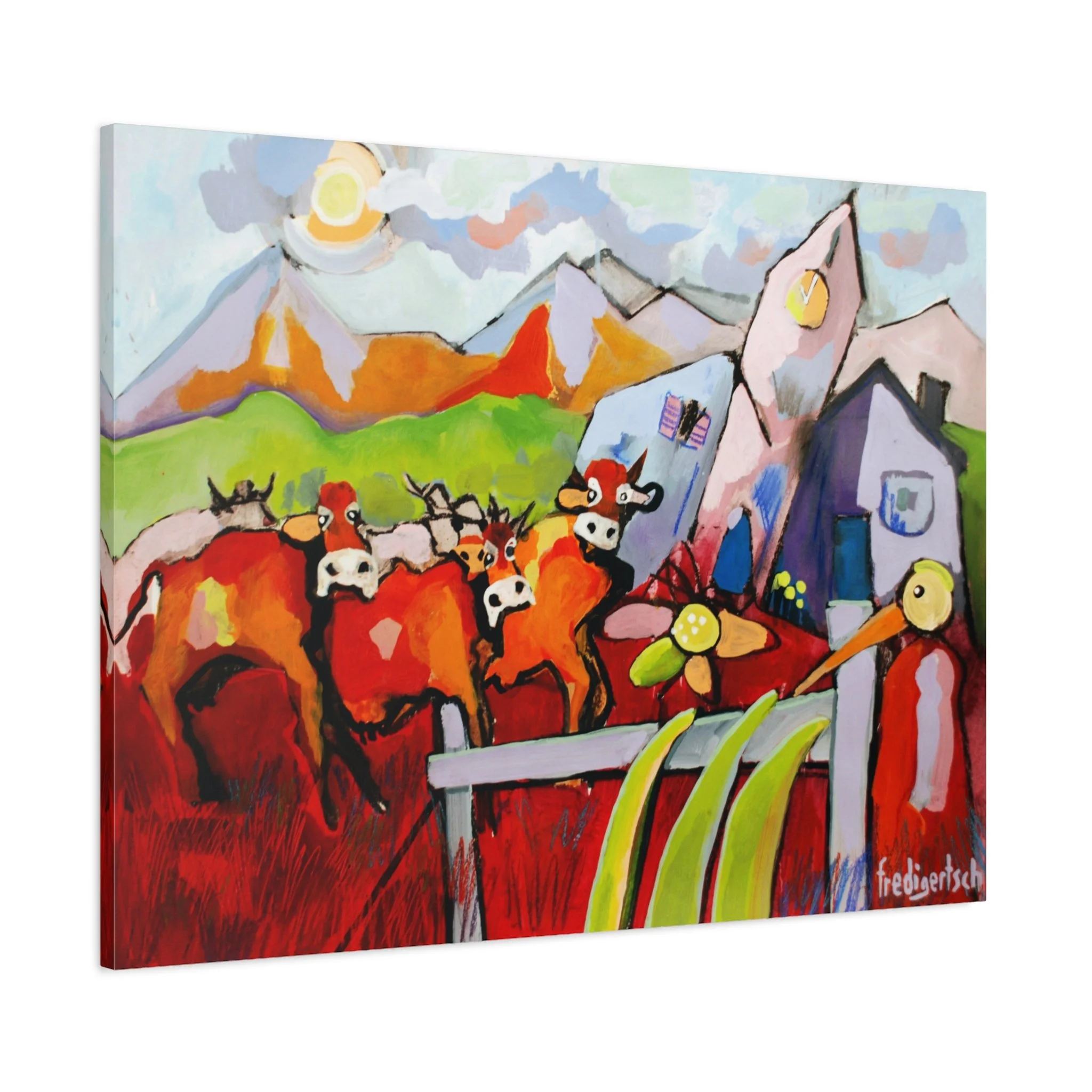 Herde heimzu, Kunstdruck nach dem Original von Fredi Gertsch (2012), Schweizer Kunst mit roter Kuhherde, Bergen und Zaun im Vordergrund, Serie Highlights 2012