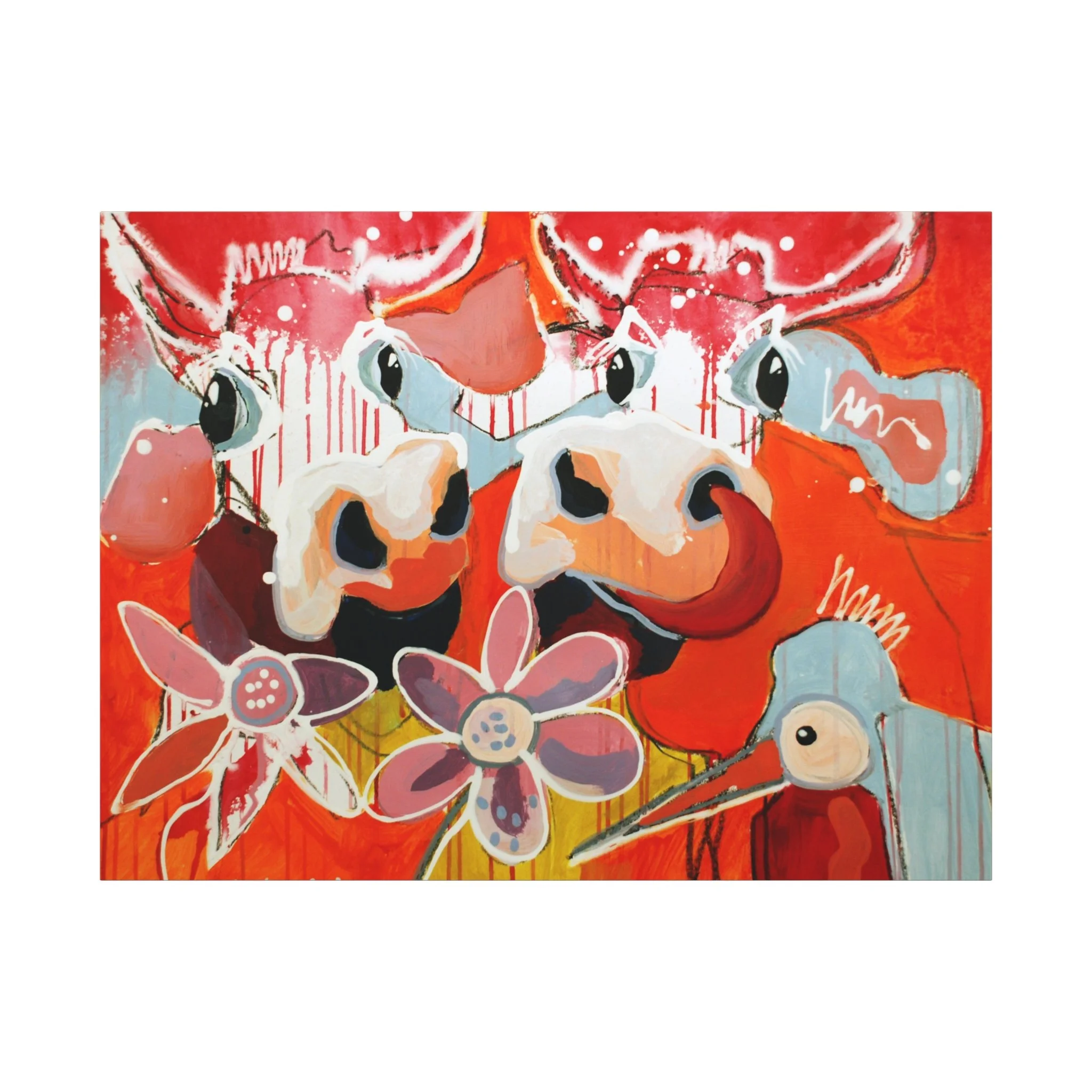 A-Hörnchen & B-Hörnchen, Kunstdruck nach dem Original von Fredi Gertsch (2012), Schweizer Kunst mit zwei Kühen, Blumen und Vogel vor rotem Hintergrund, Serie Highlights 2012