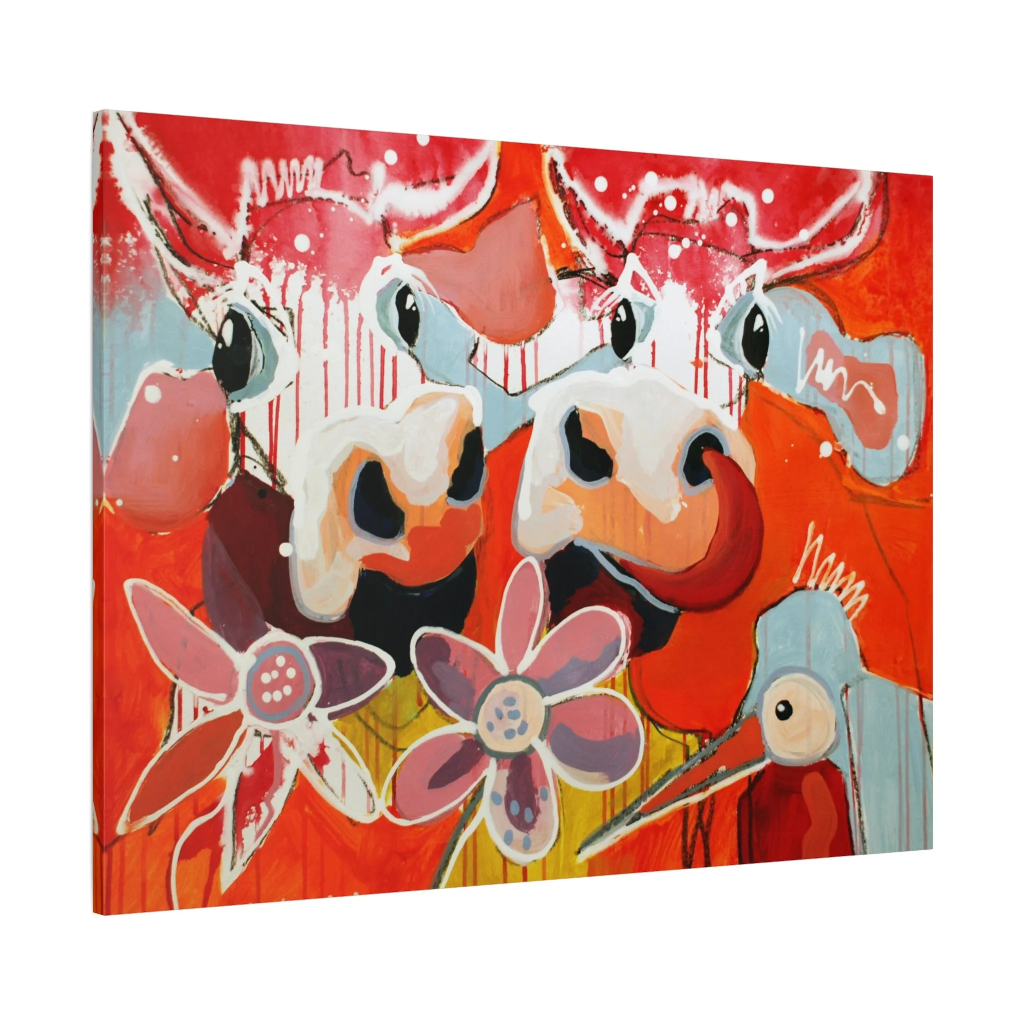 A-Hörnchen & B-Hörnchen, Kunstdruck nach dem Original von Fredi Gertsch (2012), Schweizer Kunst mit zwei Kühen, Blumen und Vogel vor rotem Hintergrund, Serie Highlights 2012