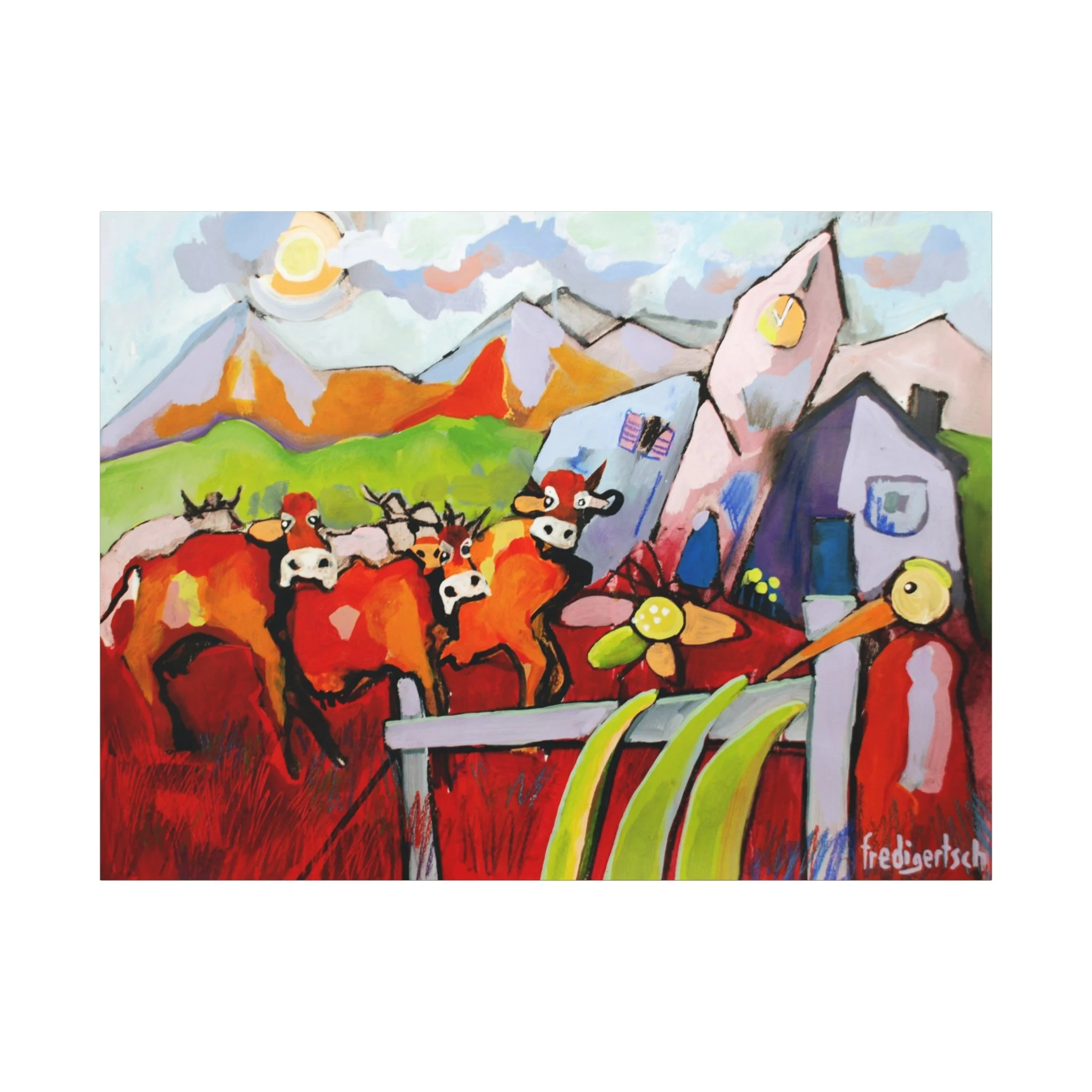 Herde heimzu, Kunstdruck nach dem Original von Fredi Gertsch (2012), Schweizer Kunst mit roter Kuhherde, Bergen und Zaun im Vordergrund, Serie Highlights 2012