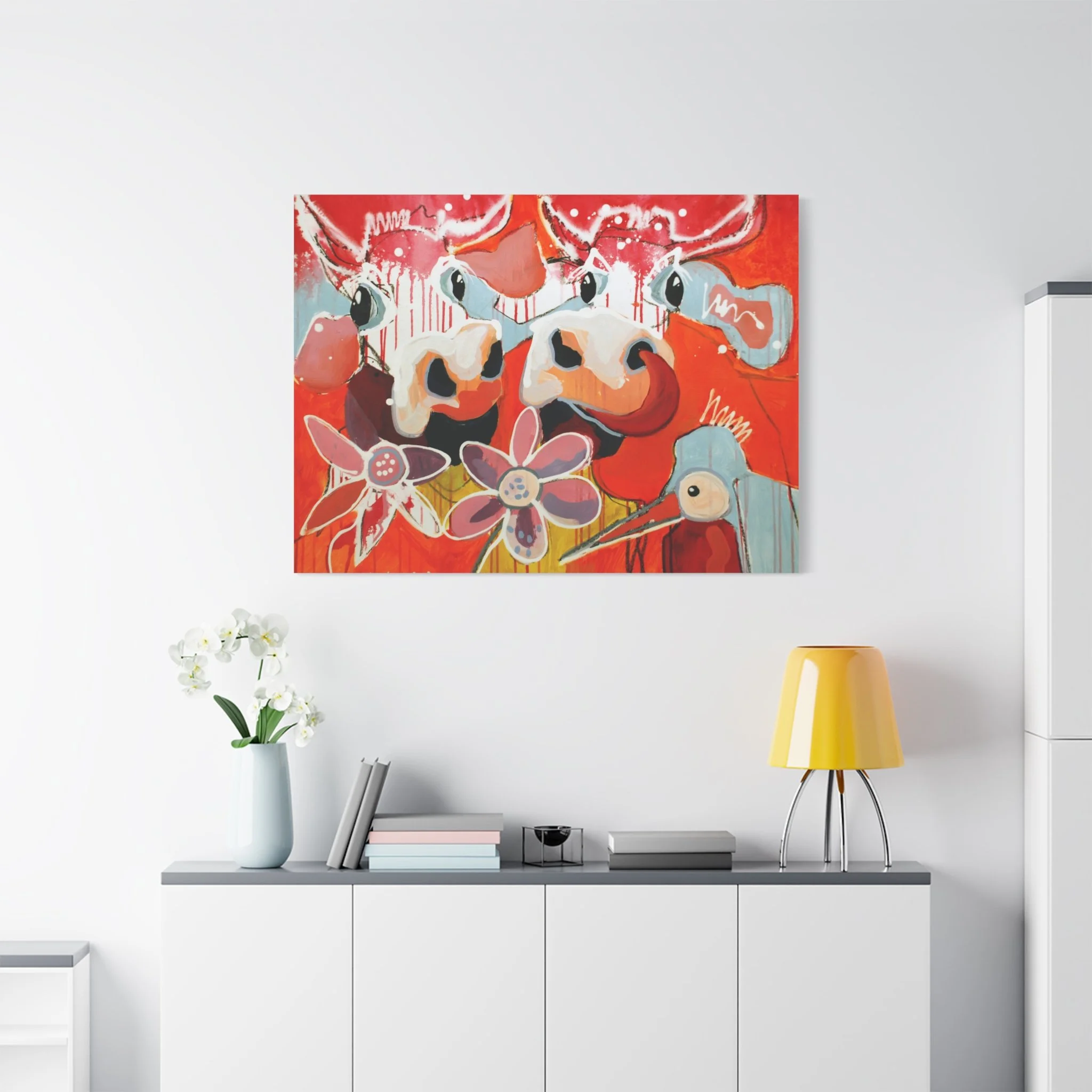 A-Hörnchen & B-Hörnchen, Kunstdruck nach dem Original von Fredi Gertsch (2012), Schweizer Kunst mit zwei Kühen, Blumen und Vogel vor rotem Hintergrund, Serie Highlights 2012