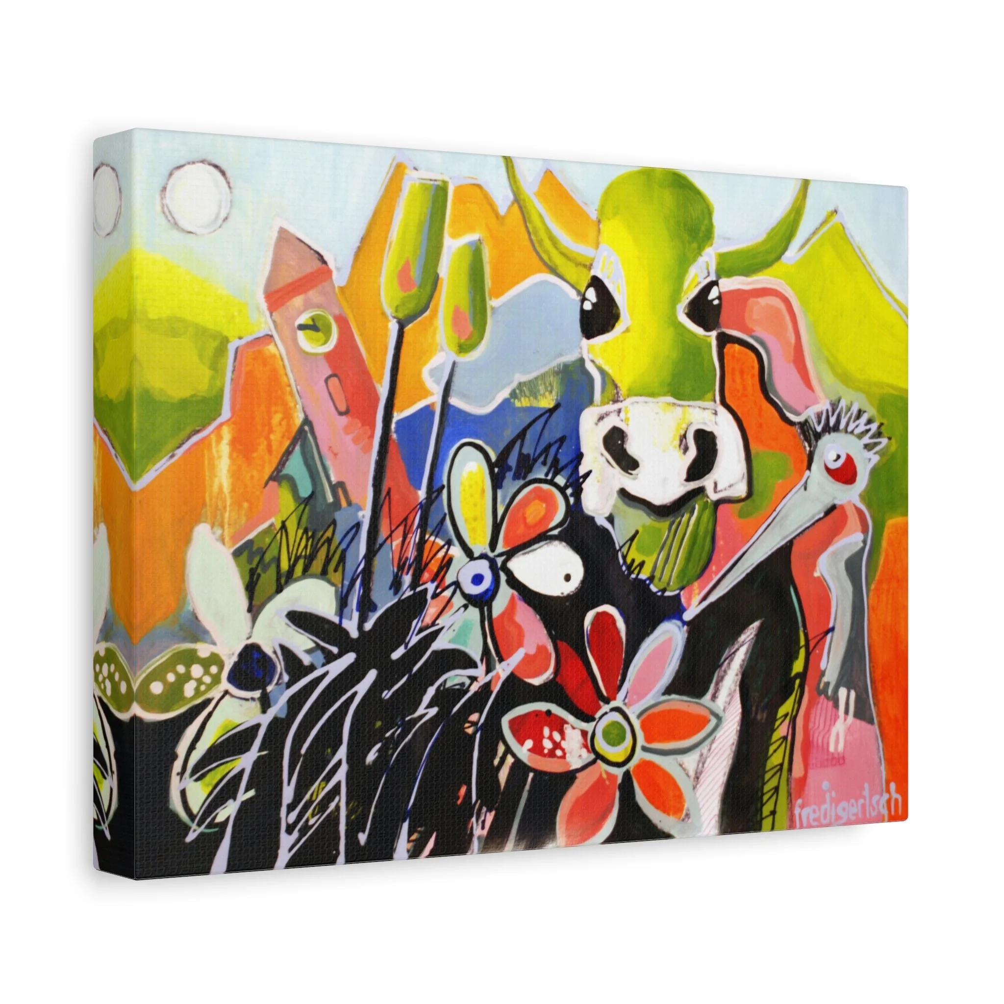 AlpenRockLady, Kunstdruck nach dem Original von Fredi Gertsch (2012), Schweizer Kunst mit Kuhmotiv, Bergen und grosser Blume in kräftigen Farben, Serie Highlights 2012