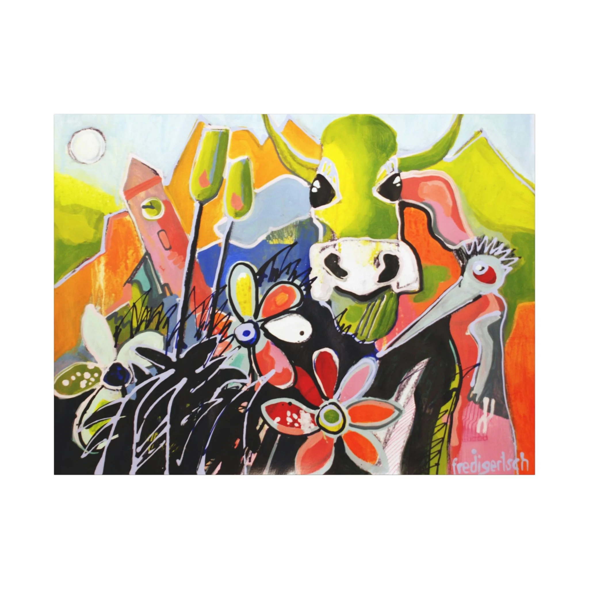 AlpenRockLady, Kunstdruck nach dem Original von Fredi Gertsch (2012), Schweizer Kunst mit Kuhmotiv, Bergen und grosser Blume in kräftigen Farben, Serie Highlights 2012