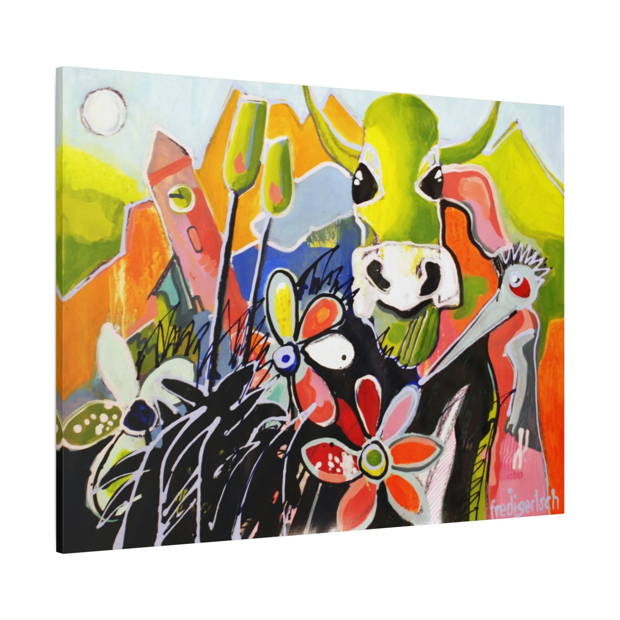 AlpenRockLady, Kunstdruck nach dem Original von Fredi Gertsch (2012), Schweizer Kunst mit Kuhmotiv, Bergen und grosser Blume in kräftigen Farben, Serie Highlights 2012
