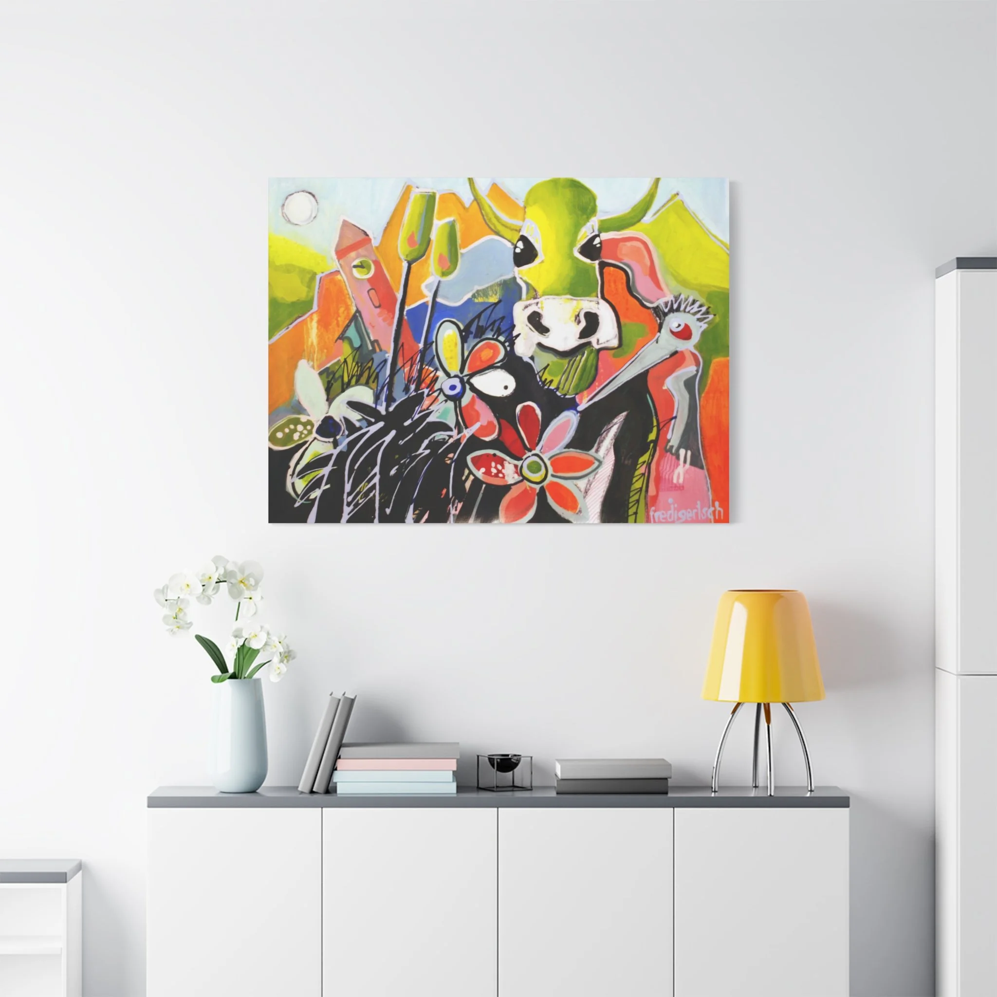 AlpenRockLady, Kunstdruck nach dem Original von Fredi Gertsch (2012), Schweizer Kunst mit Kuhmotiv, Bergen und grosser Blume in kräftigen Farben, Serie Highlights 2012