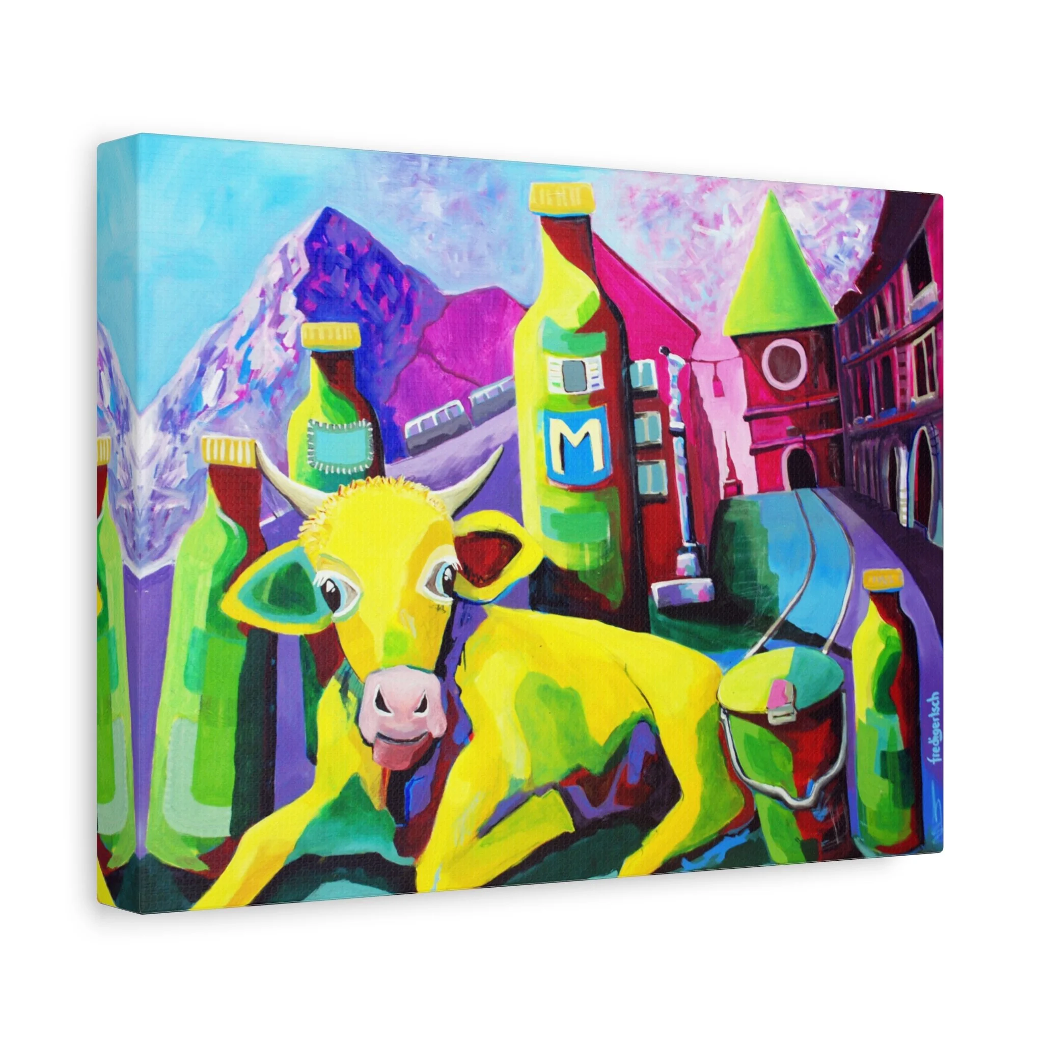 Baby Bern, Kunstdruck nach dem Original von Fredi Gertsch (2012), Schweizer Kunst mit Kuhmotiv, Flaschen und farbstarkem Stadtbild, Serie Highlights 2012