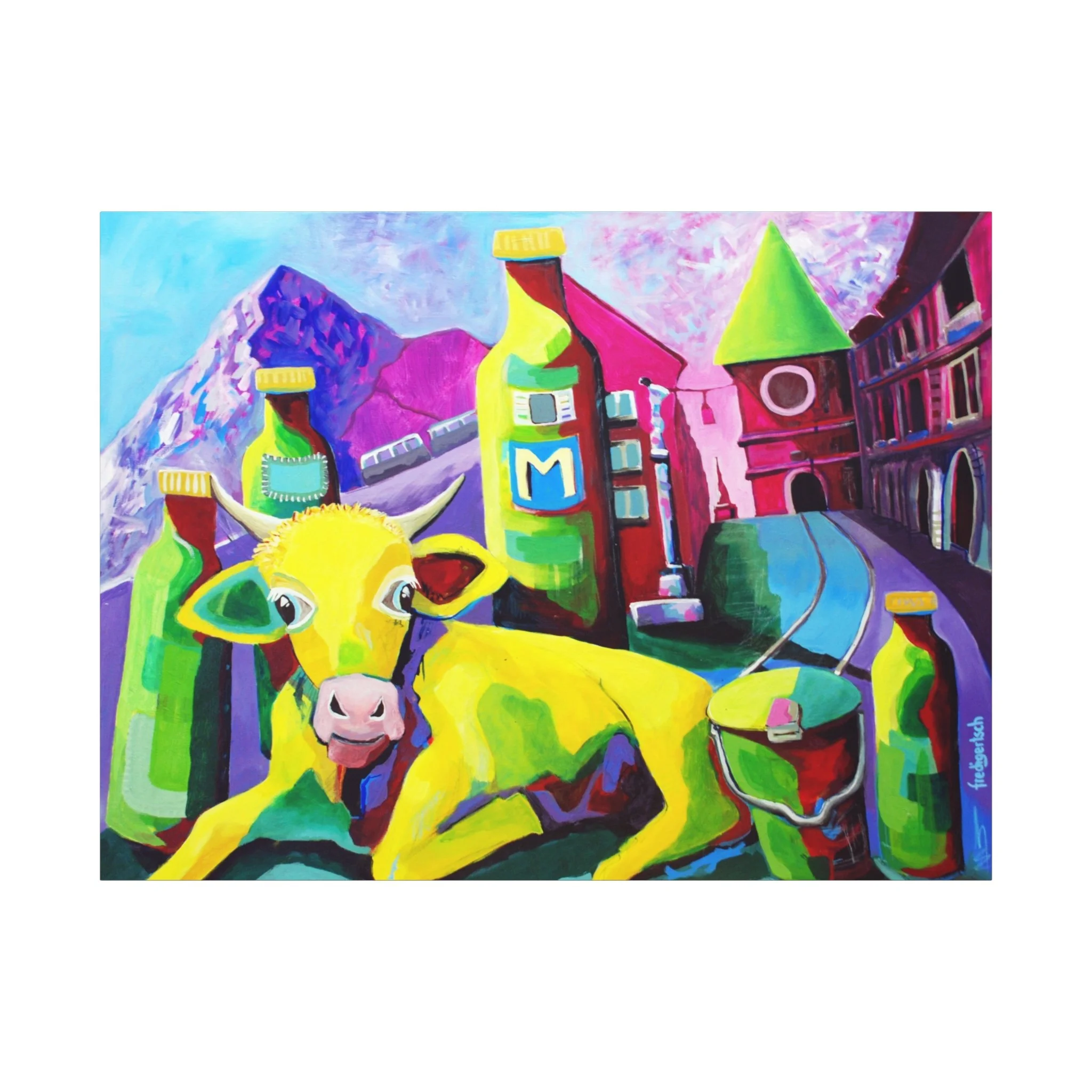 Baby Bern, Kunstdruck nach dem Original von Fredi Gertsch (2012), Schweizer Kunst mit Kuhmotiv, Flaschen und farbstarkem Stadtbild, Serie Highlights 2012