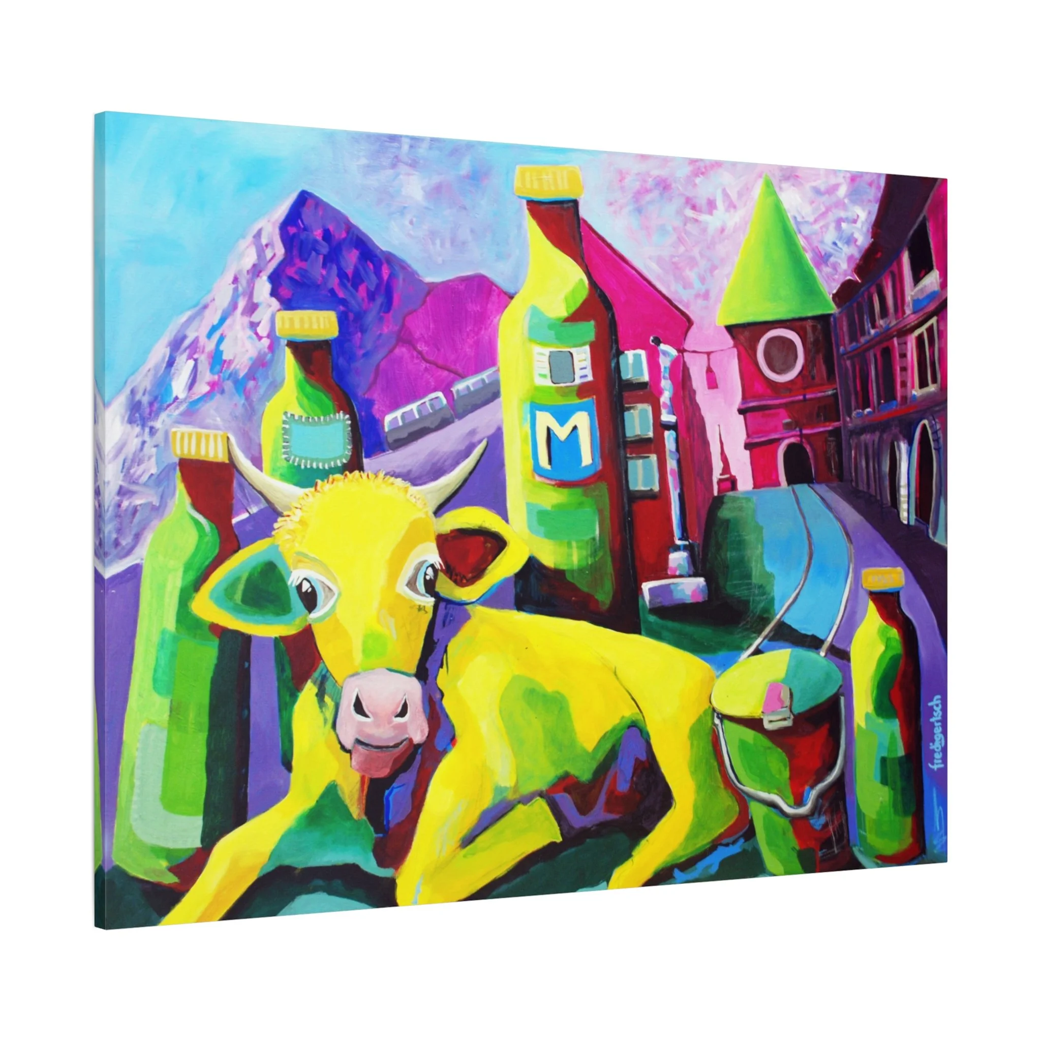 Baby Bern, Kunstdruck nach dem Original von Fredi Gertsch (2012), Schweizer Kunst mit Kuhmotiv, Flaschen und farbstarkem Stadtbild, Serie Highlights 2012
