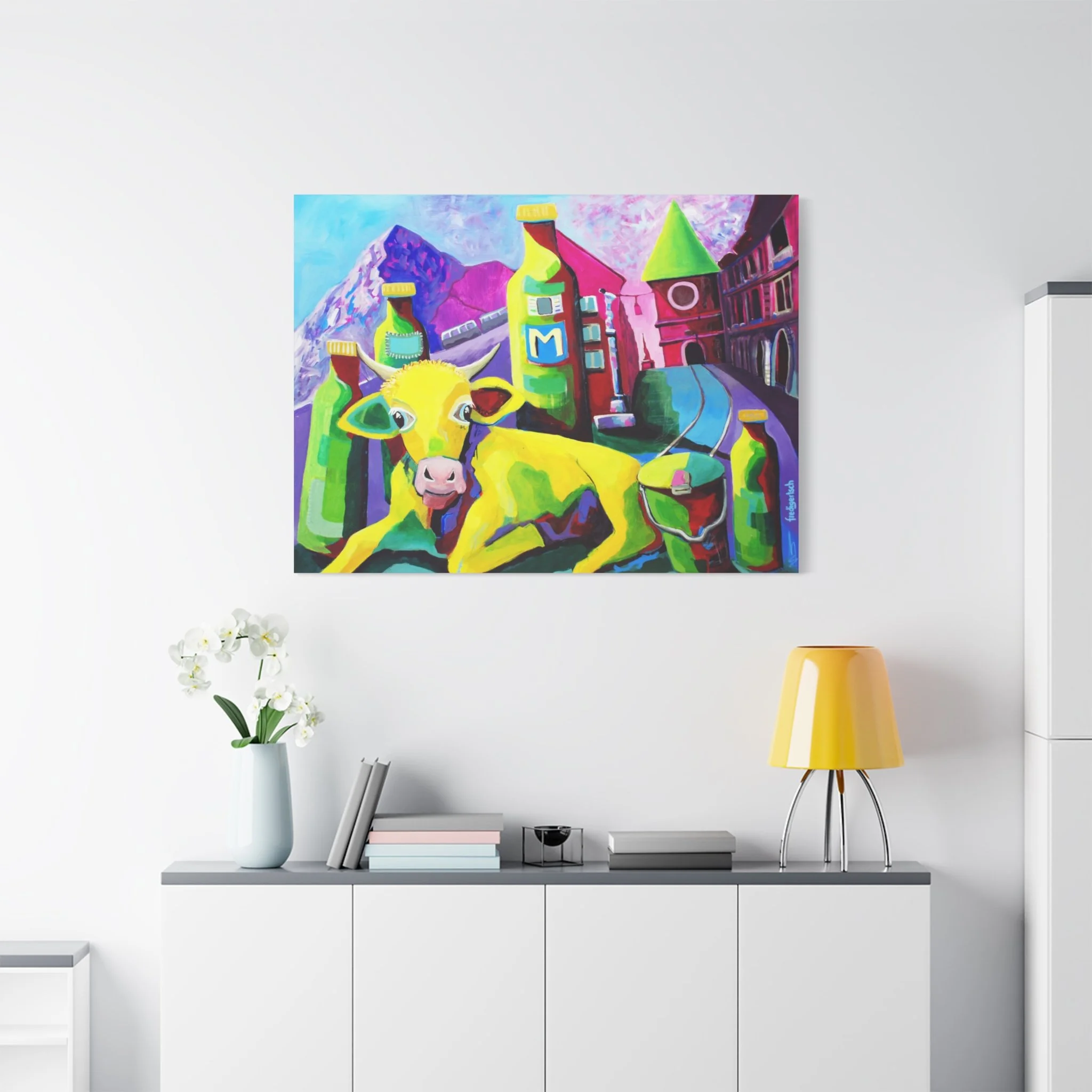 Baby Bern, Kunstdruck nach dem Original von Fredi Gertsch (2012), Schweizer Kunst mit Kuhmotiv, Flaschen und farbstarkem Stadtbild, Serie Highlights 2012