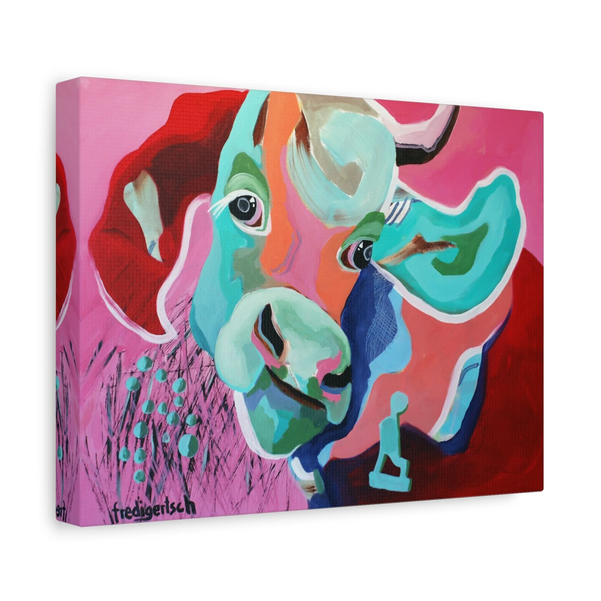 Lovely, Kunstdruck nach dem Original von Fredi Gertsch (2012), Schweizer Kunst mit Kuhporträt in Pink, Rot und Türkis, Serie Highlights 2012