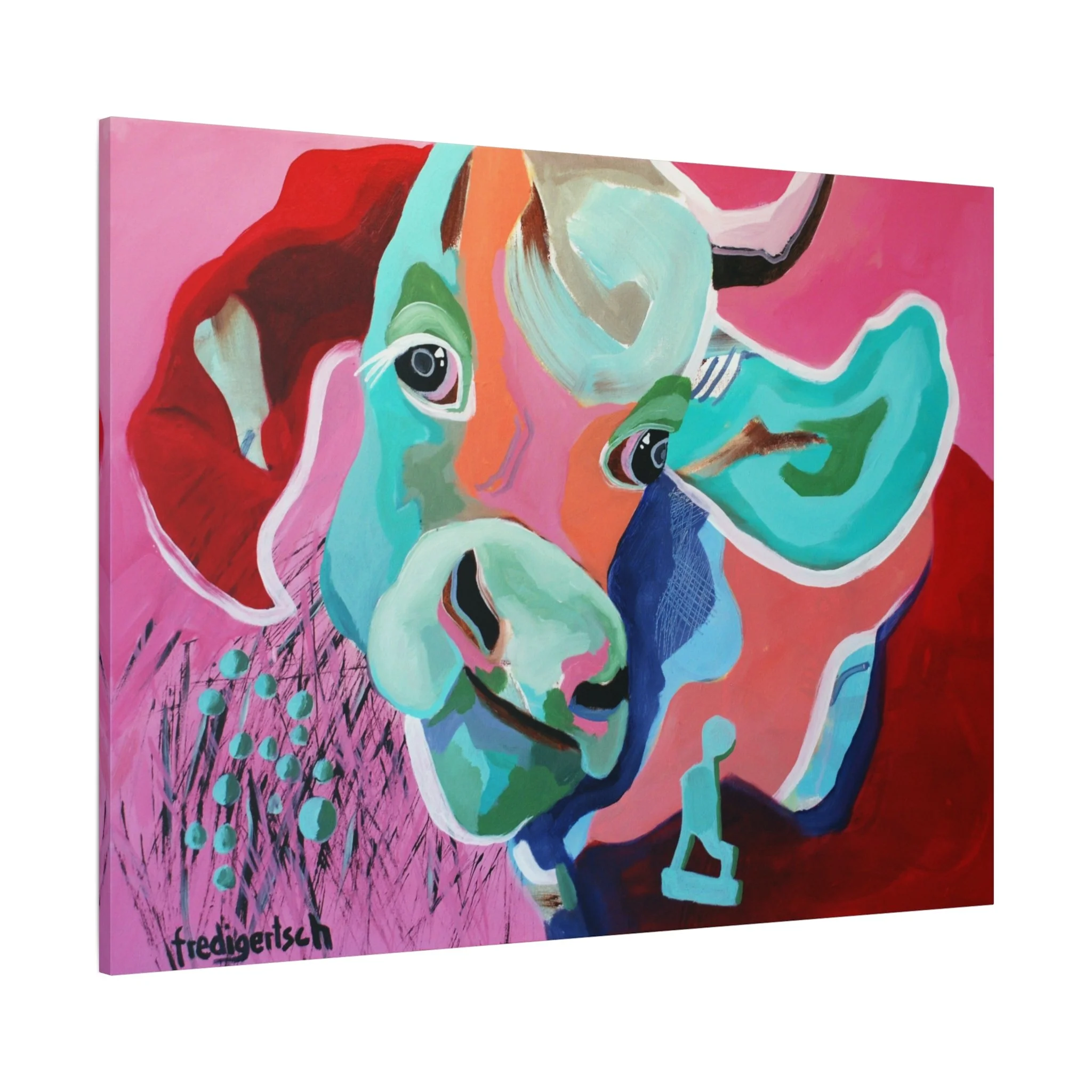 Lovely, Kunstdruck nach dem Original von Fredi Gertsch (2012), Schweizer Kunst mit Kuhporträt in Pink, Rot und Türkis, Serie Highlights 2012