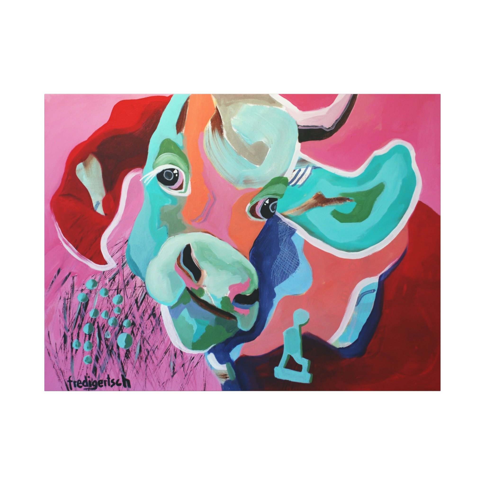Lovely, Kunstdruck nach dem Original von Fredi Gertsch (2012), Schweizer Kunst mit Kuhporträt in Pink, Rot und Türkis, Serie Highlights 2012