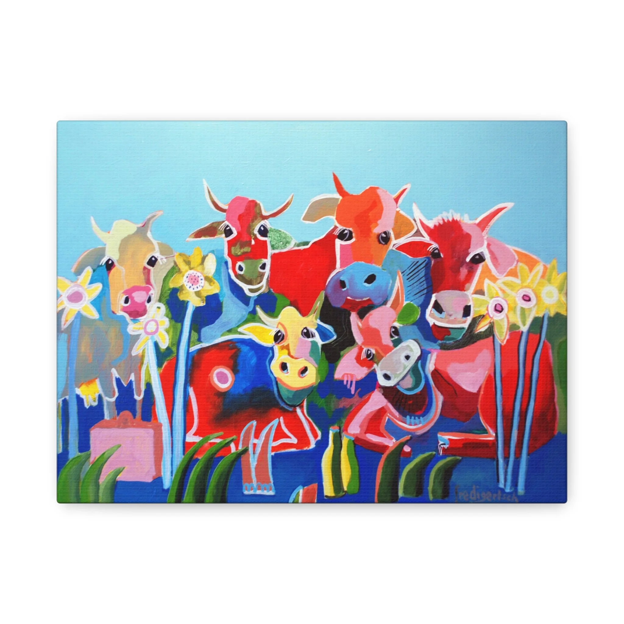 Kummerbuben, Kunstdruck nach dem Original von Fredi Gertsch (2012), Schweizer Kunst mit Kuhherde und Blumen vor blauem Hintergrund, Serie Highlights 2012