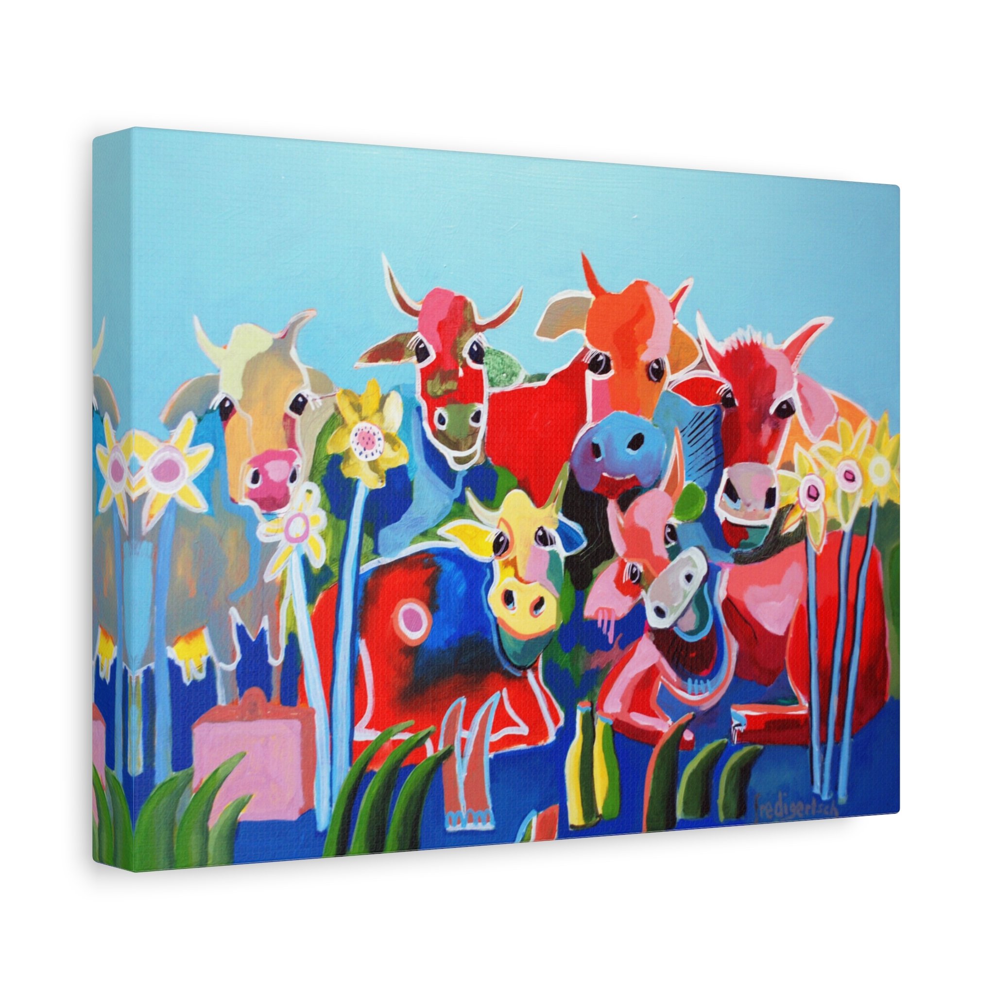 Kummerbuben, Kunstdruck nach dem Original von Fredi Gertsch (2012), Schweizer Kunst mit Kuhherde und Blumen vor blauem Hintergrund, Serie Highlights 2012