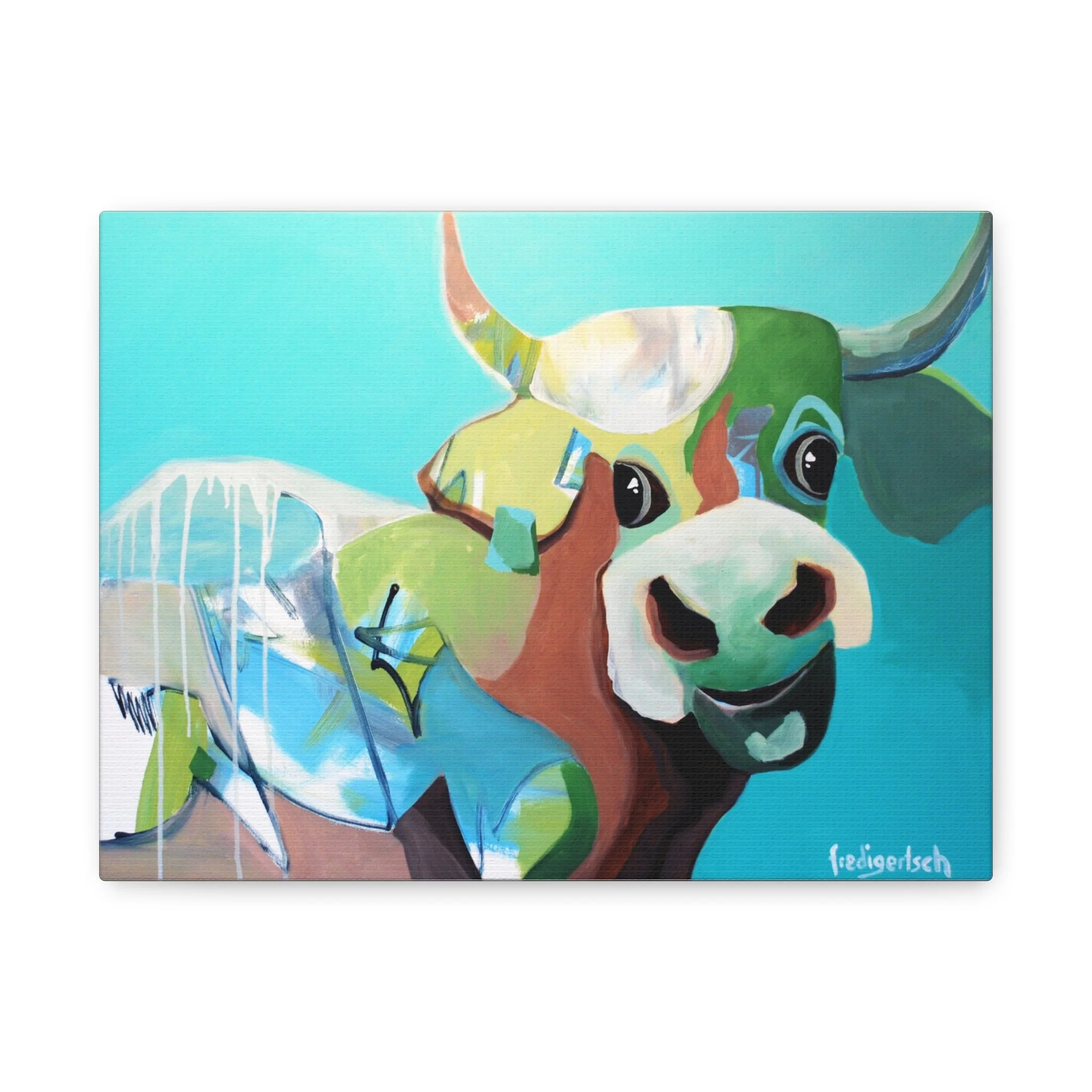 Cinderella, Kunstdruck nach dem Original von Fredi Gertsch (2012), Schweizer Kunst mit Kuhporträt vor türkisem Hintergrund, Serie Highlights 2012
