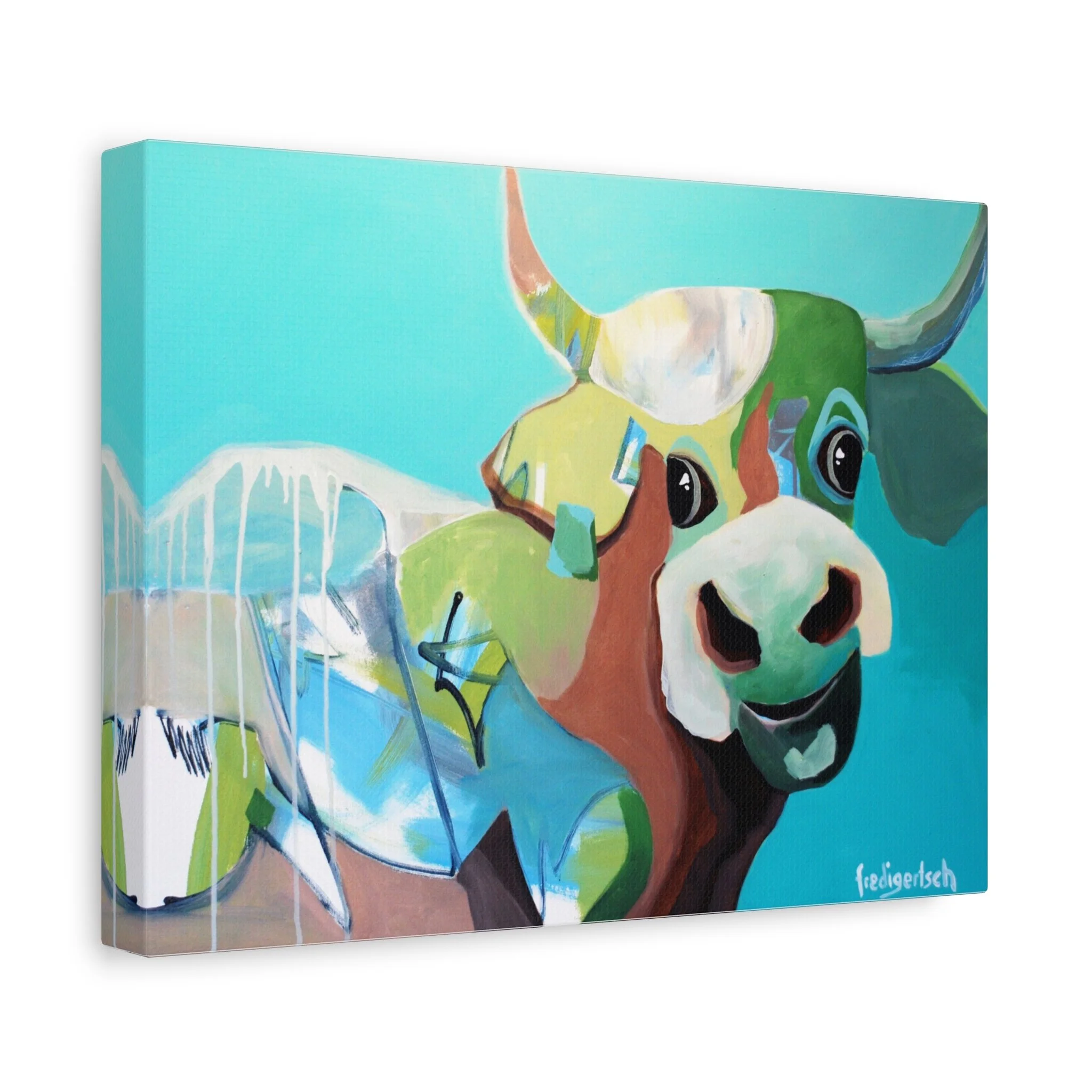 Cinderella, Kunstdruck nach dem Original von Fredi Gertsch (2012), Schweizer Kunst mit Kuhporträt vor türkisem Hintergrund, Serie Highlights 2012