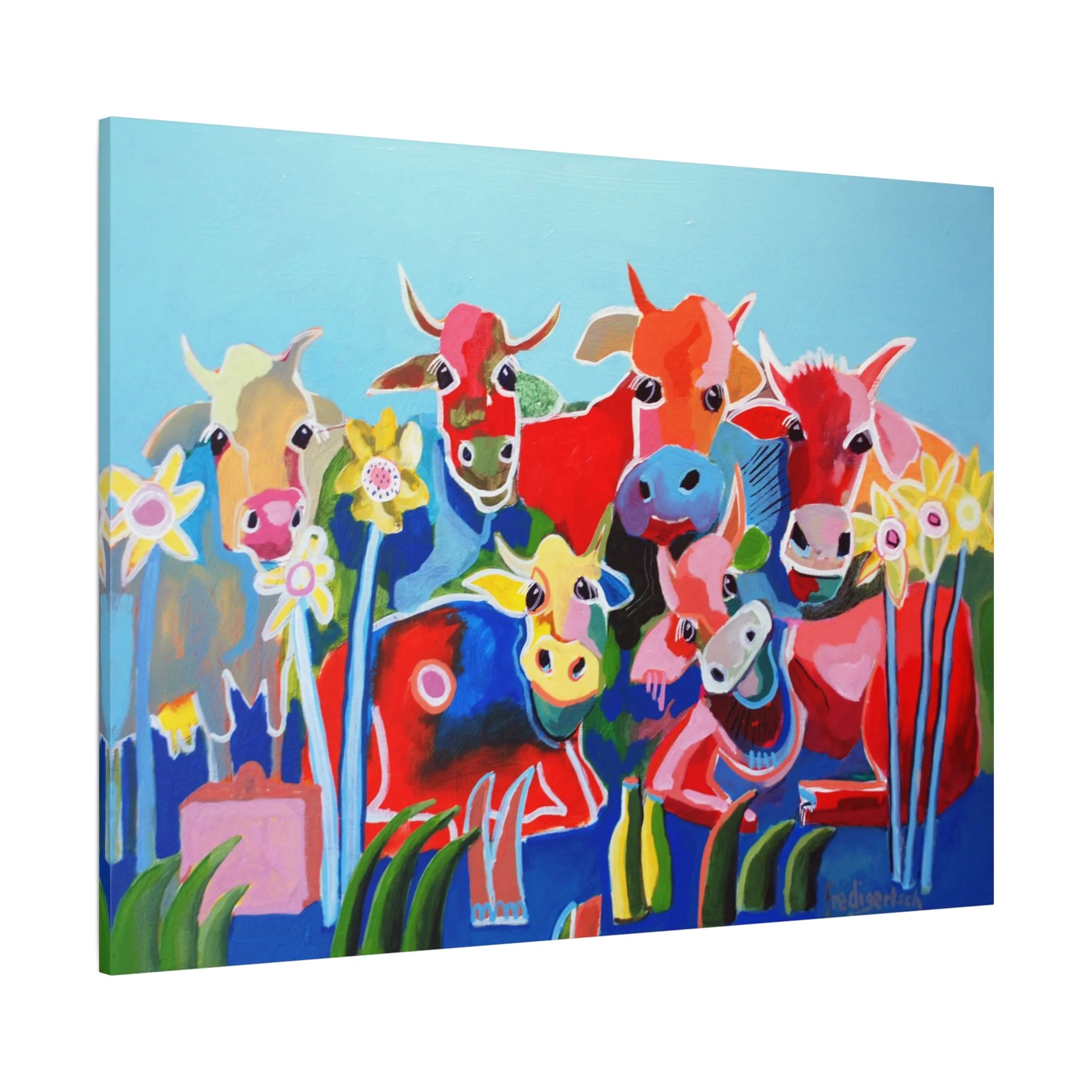 Kummerbuben, Kunstdruck nach dem Original von Fredi Gertsch (2012), Schweizer Kunst mit Kuhherde und Blumen vor blauem Hintergrund, Serie Highlights 2012