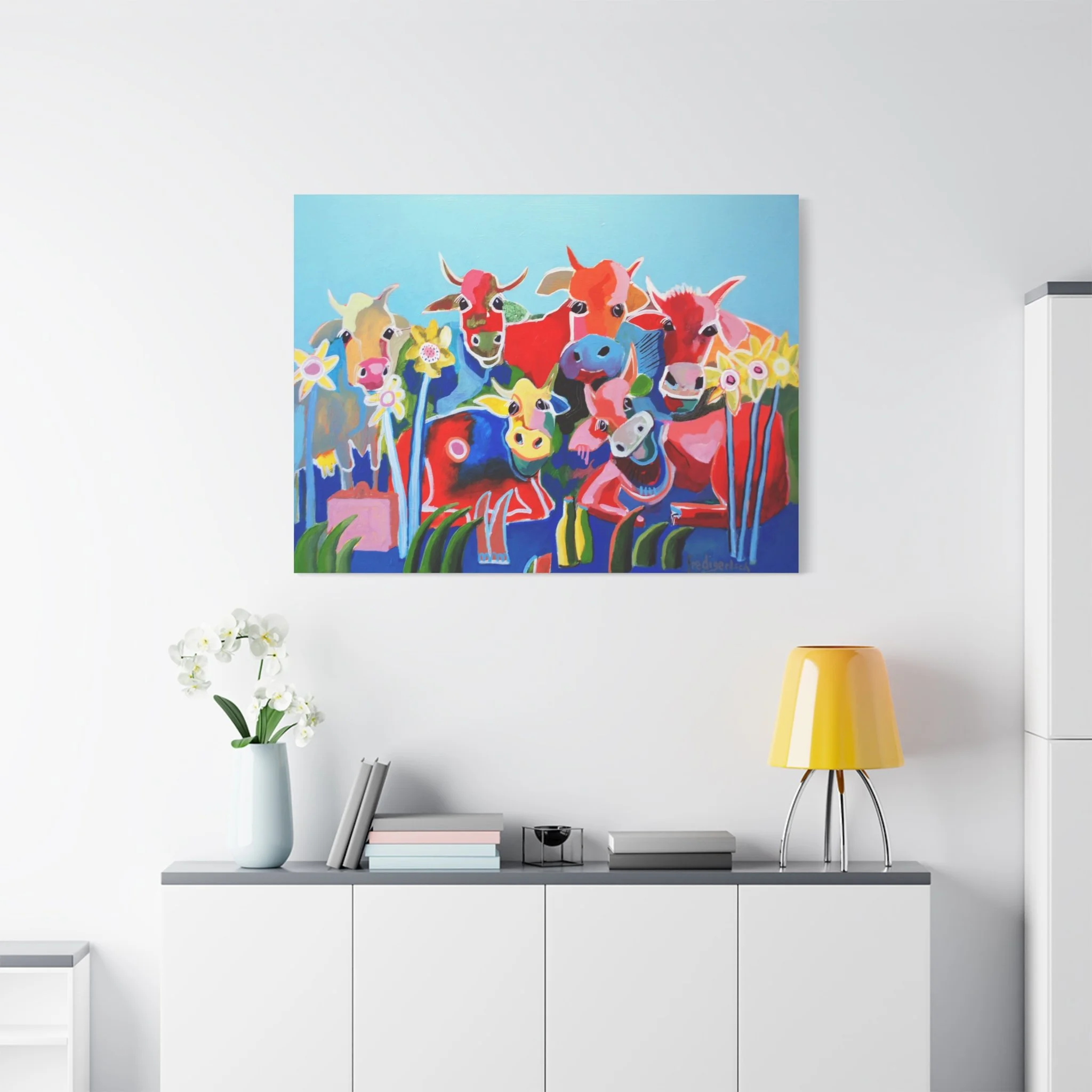 Kummerbuben, Kunstdruck nach dem Original von Fredi Gertsch (2012), Schweizer Kunst mit Kuhherde und Blumen vor blauem Hintergrund, Serie Highlights 2012