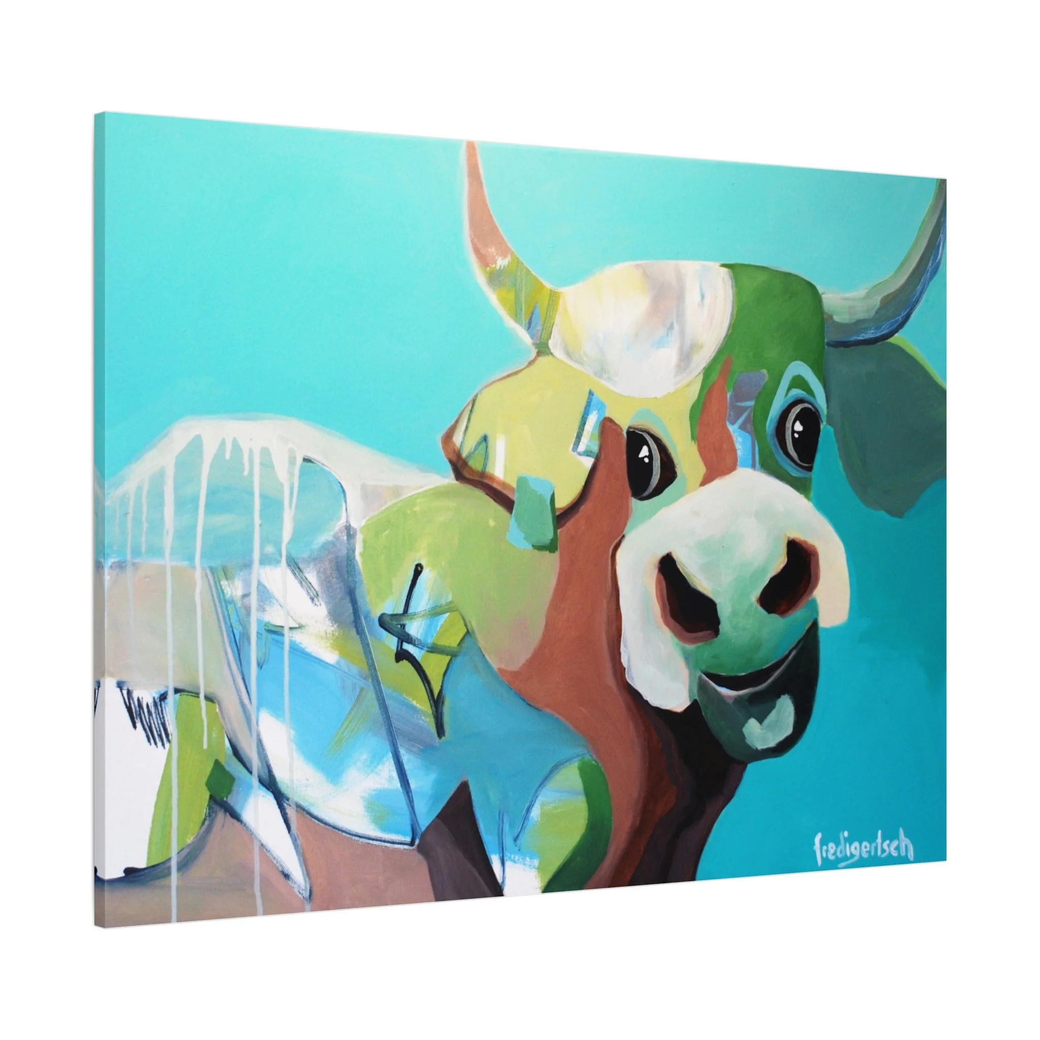 Cinderella, Kunstdruck nach dem Original von Fredi Gertsch (2012), Schweizer Kunst mit Kuhporträt vor türkisem Hintergrund, Serie Highlights 2012