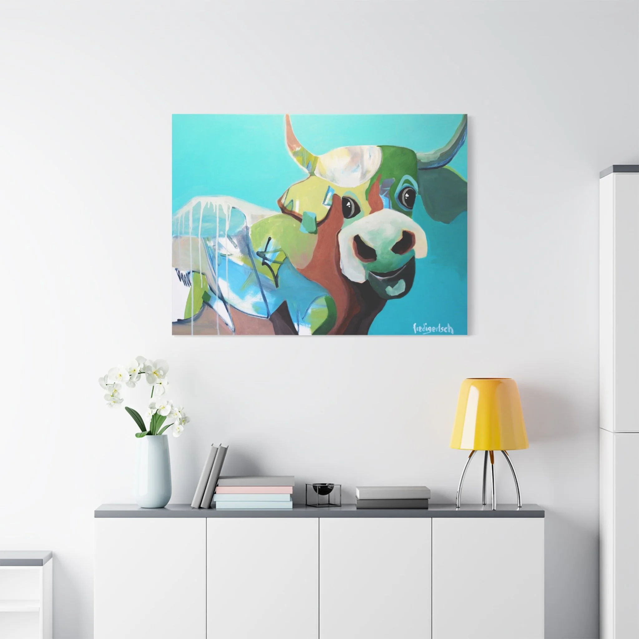 Cinderella, Kunstdruck nach dem Original von Fredi Gertsch (2012), Schweizer Kunst mit Kuhporträt vor türkisem Hintergrund, Serie Highlights 2012