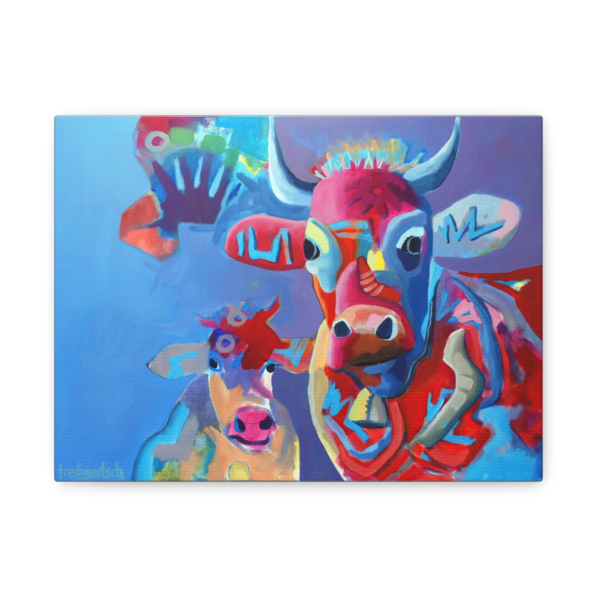 RedBullBaby, Kunstdruck nach dem Original von Fredi Gertsch (2012), Schweizer Kunst mit Kuh und Kalb in Rot und Blau vor blauem Hintergrund, Serie Highlights 2012