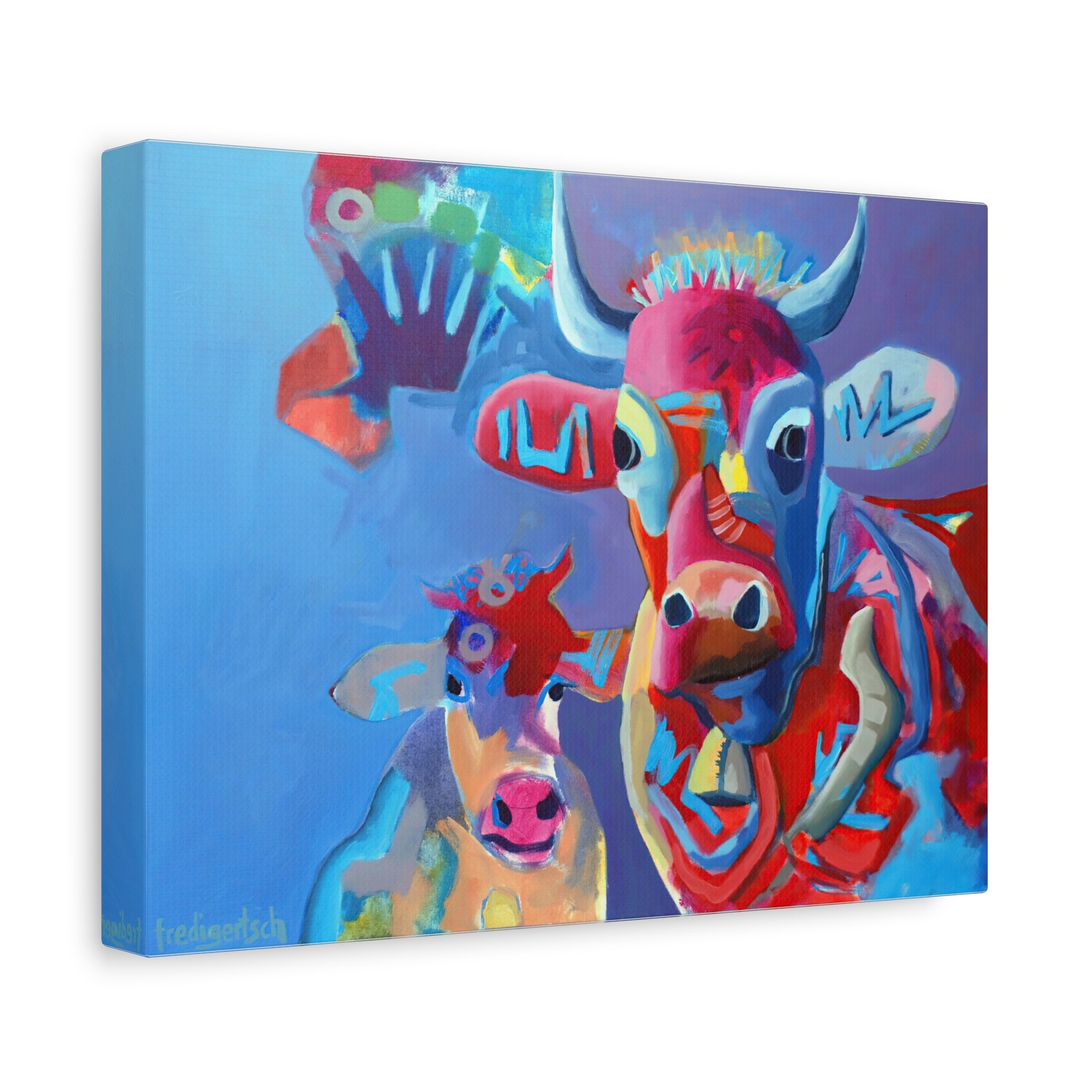 RedBullBaby, Kunstdruck nach dem Original von Fredi Gertsch (2012), Schweizer Kunst mit Kuh und Kalb in Rot und Blau vor blauem Hintergrund, Serie Highlights 2012