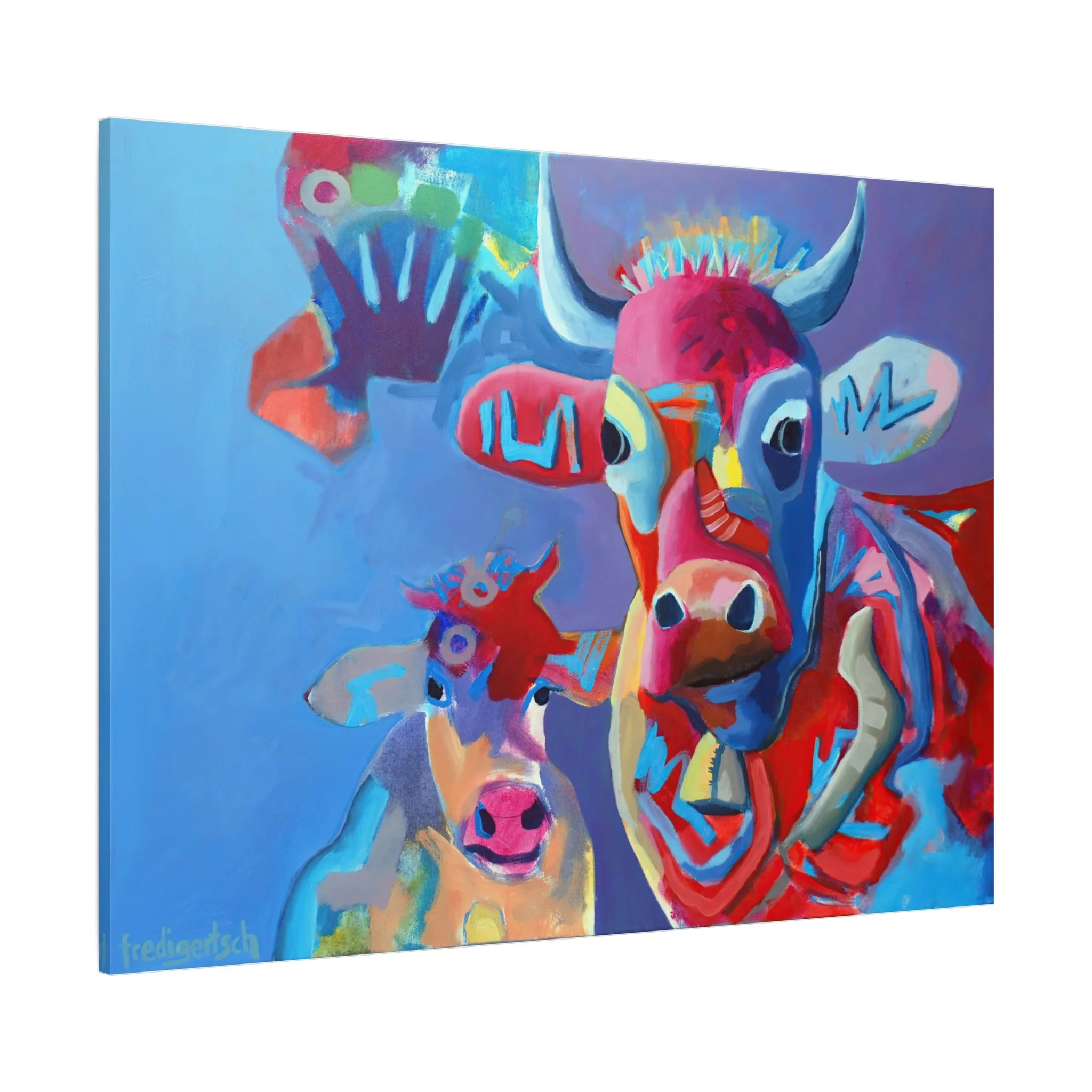 RedBullBaby, Kunstdruck nach dem Original von Fredi Gertsch (2012), Schweizer Kunst mit Kuh und Kalb in Rot und Blau vor blauem Hintergrund, Serie Highlights 2012