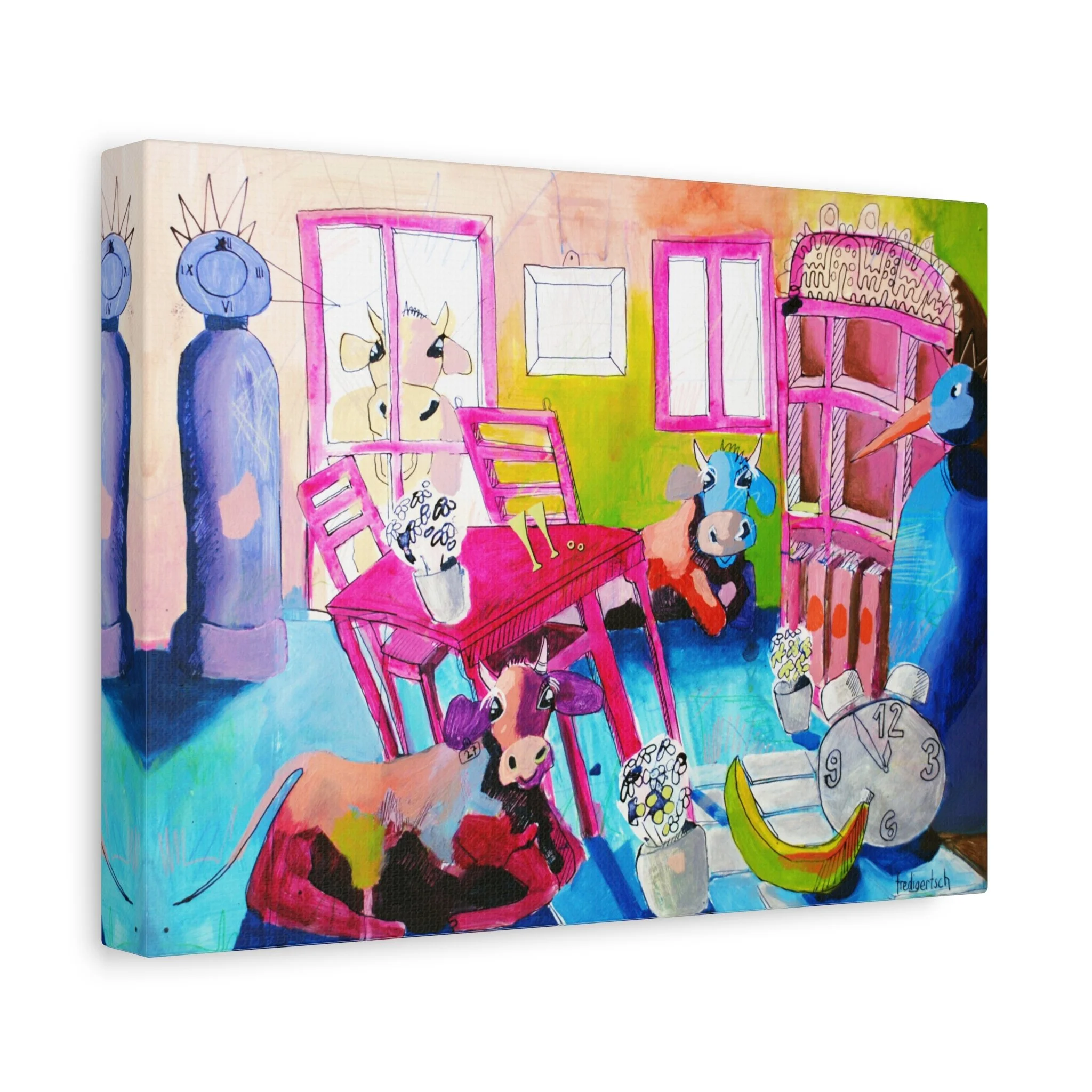 Wird sie mich lieben?, Kunstdruck nach dem Original von Fredi Gertsch (2013), Schweizer Kunst mit pinkem Tisch, Figuren und Kuhmotiv in kräftigen Farben, Serie Highlights 2013