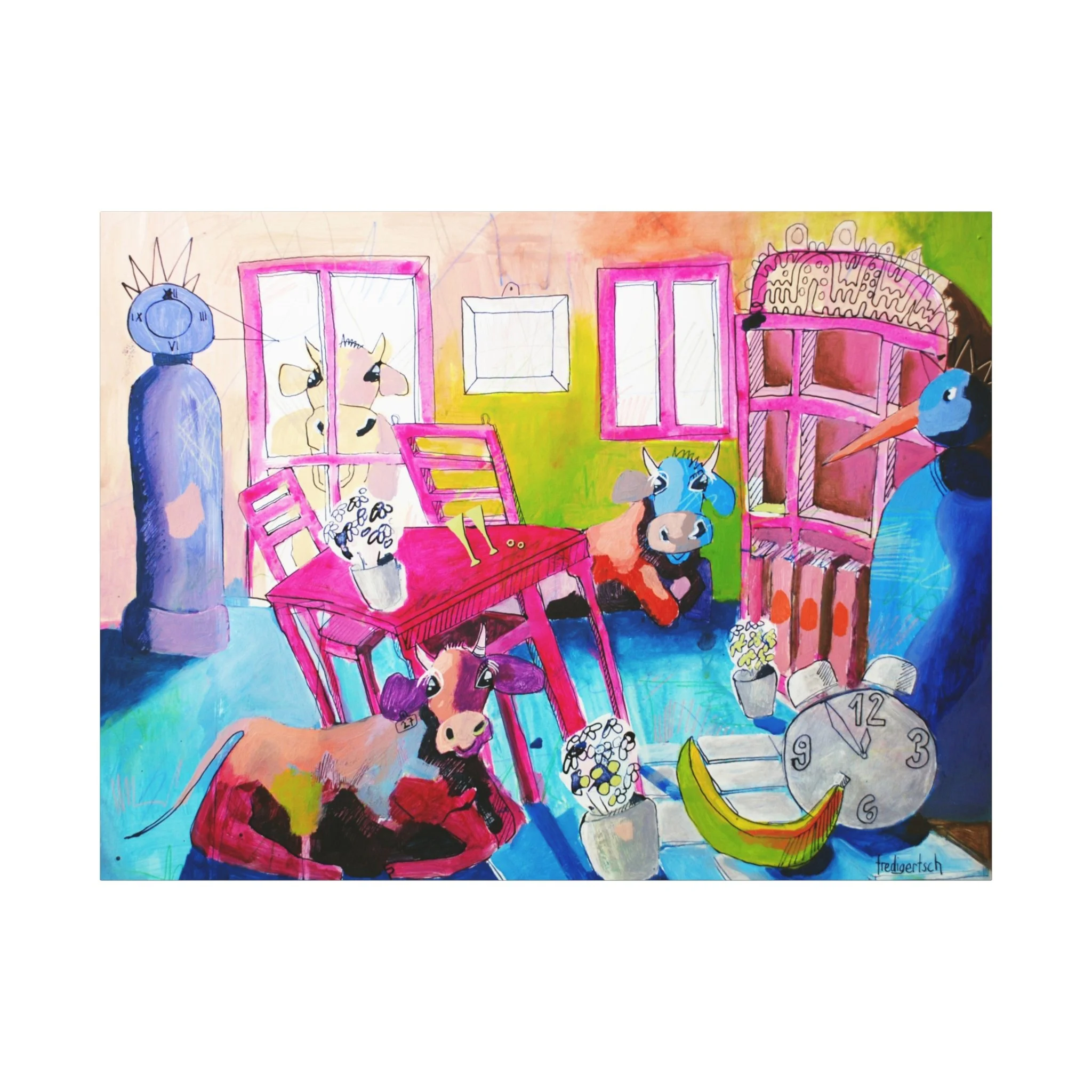 Wird sie mich lieben?, Kunstdruck nach dem Original von Fredi Gertsch (2013), Schweizer Kunst mit pinkem Tisch, Figuren und Kuhmotiv in kräftigen Farben, Serie Highlights 2013