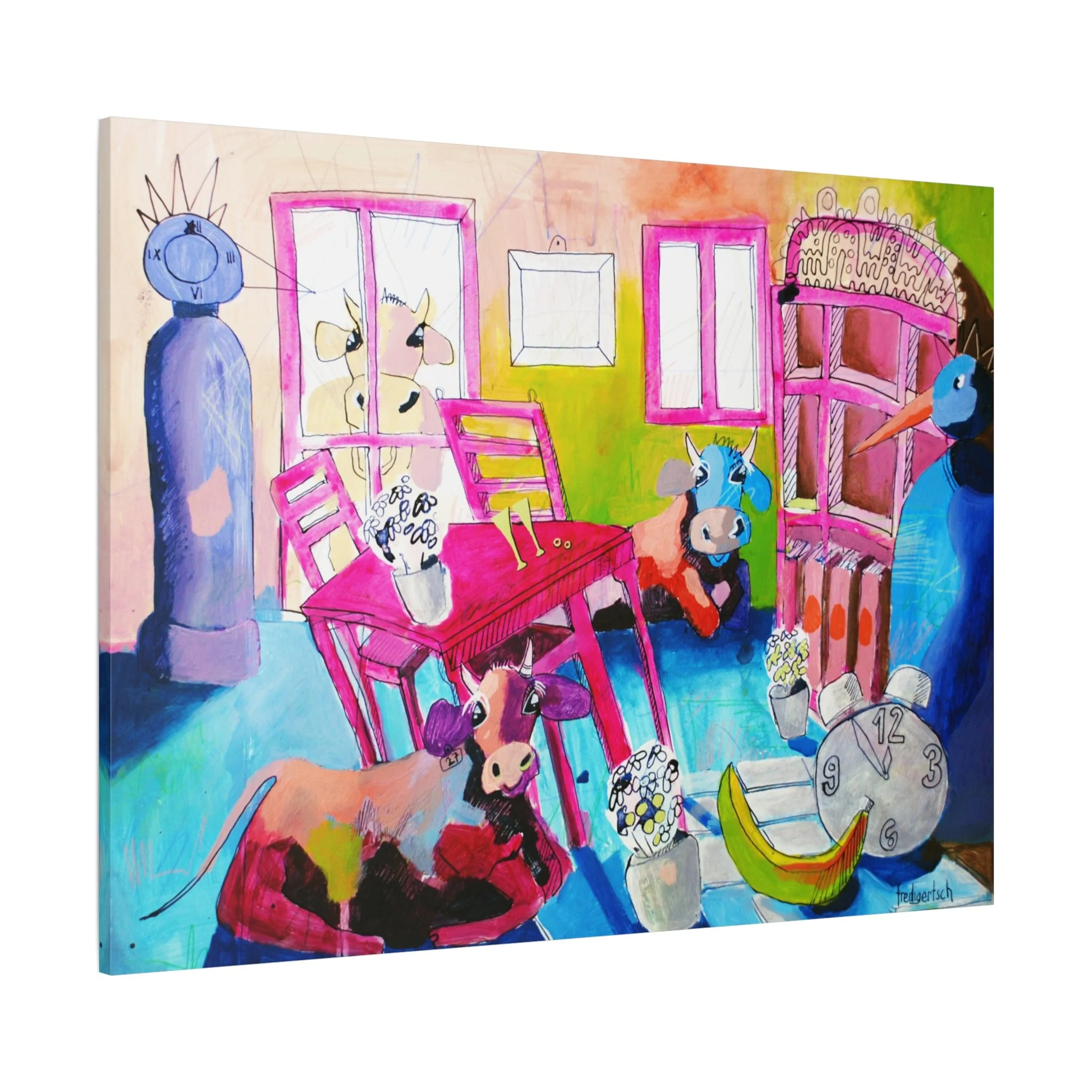 Wird sie mich lieben?, Kunstdruck nach dem Original von Fredi Gertsch (2013), Schweizer Kunst mit pinkem Tisch, Figuren und Kuhmotiv in kräftigen Farben, Serie Highlights 2013