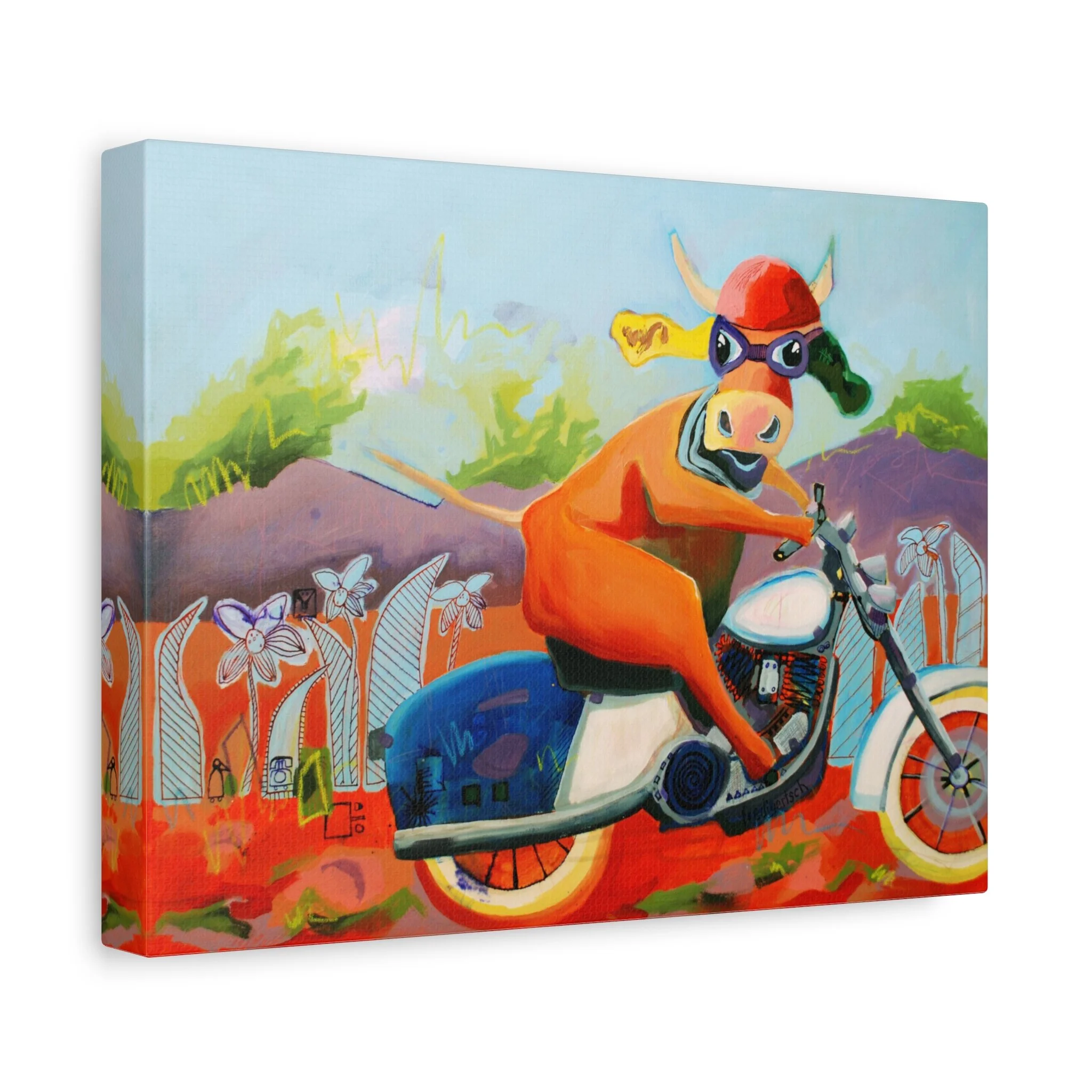 MotoLisi, Kunstdruck nach dem Original von Fredi Gertsch (2013), Schweizer Kunst mit VogelLisi-Kuh auf Motorrad mit Helm und Sonnenbrille, Serie Highlights 2013