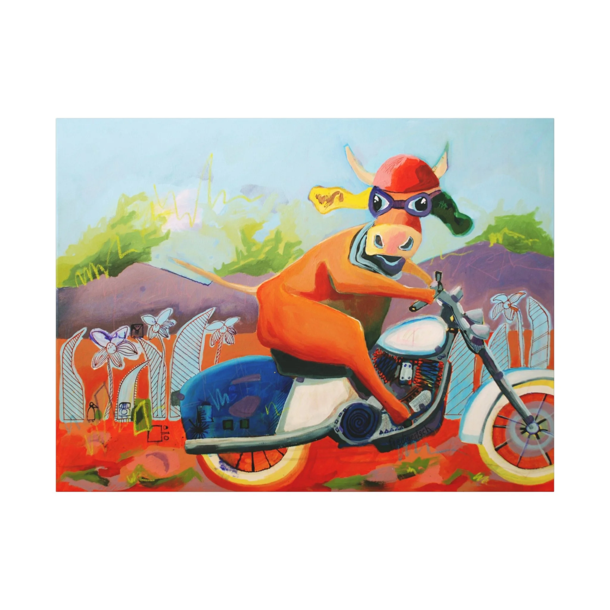 MotoLisi, Kunstdruck nach dem Original von Fredi Gertsch (2013), Schweizer Kunst mit VogelLisi-Kuh auf Motorrad mit Helm und Sonnenbrille, Serie Highlights 2013