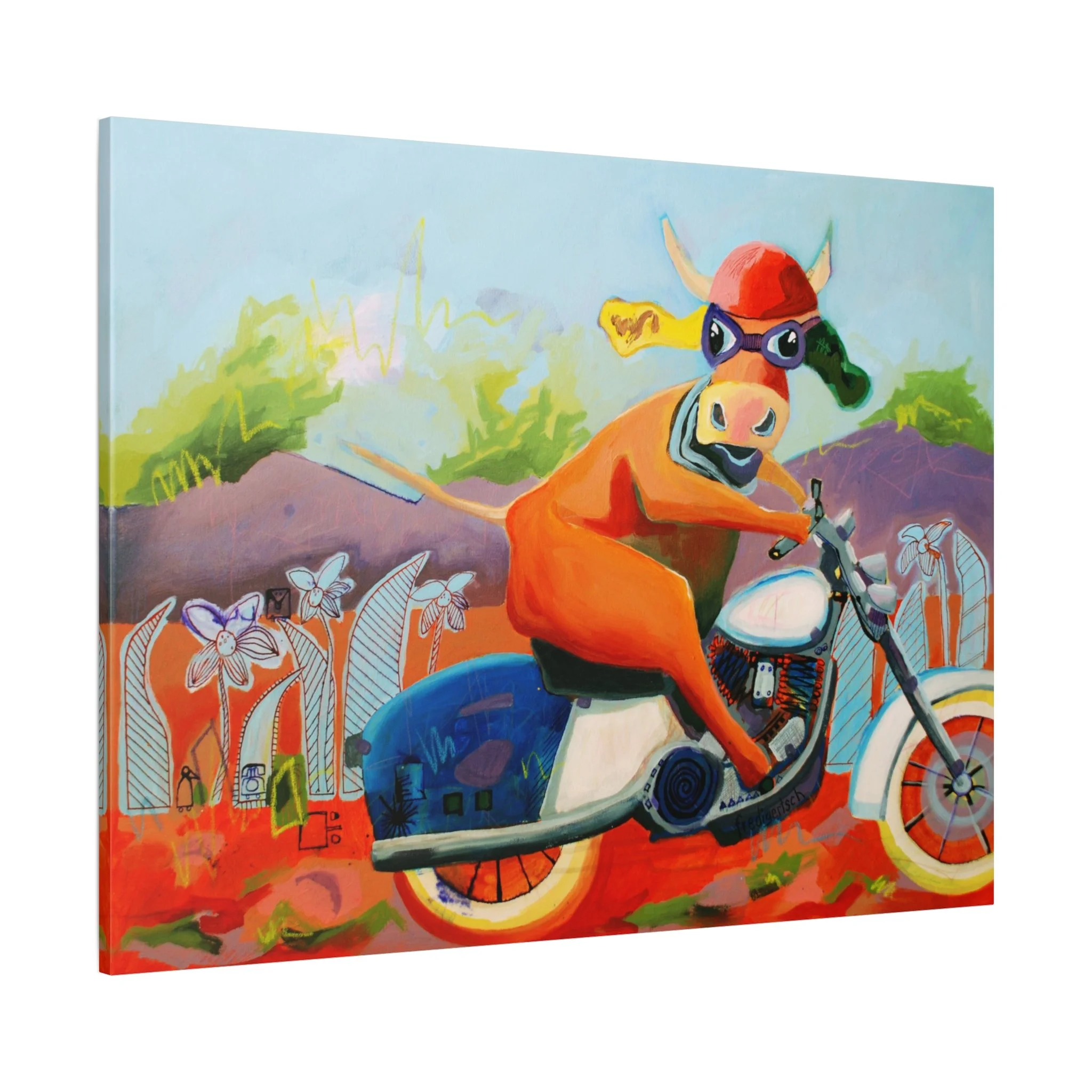 MotoLisi, Kunstdruck nach dem Original von Fredi Gertsch (2013), Schweizer Kunst mit VogelLisi-Kuh auf Motorrad mit Helm und Sonnenbrille, Serie Highlights 2013