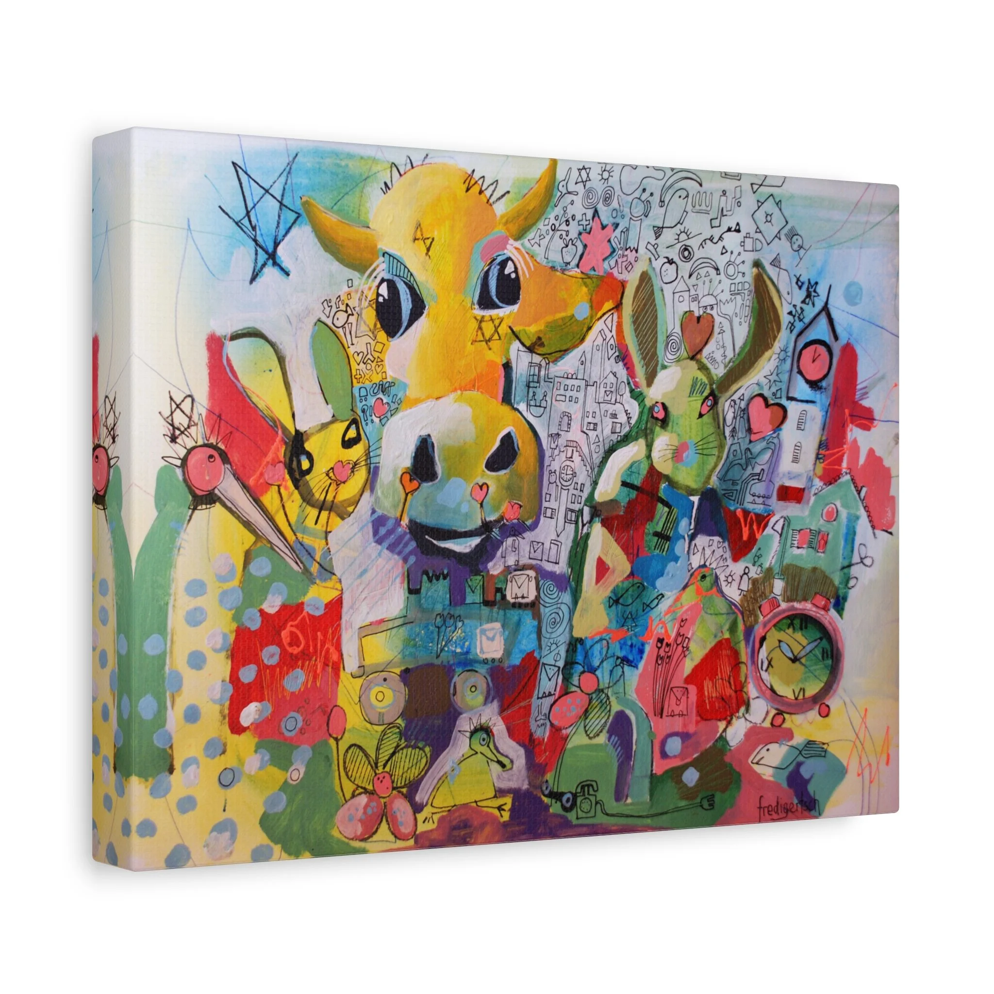 Osterhasi, Kunstdruck nach dem Original von Fredi Gertsch (2013), Schweizer Kunst als farbiges Wimmelbild mit Kuhmotiv, Hasen-Elementen und Symbolen, Serie Highlights 2013