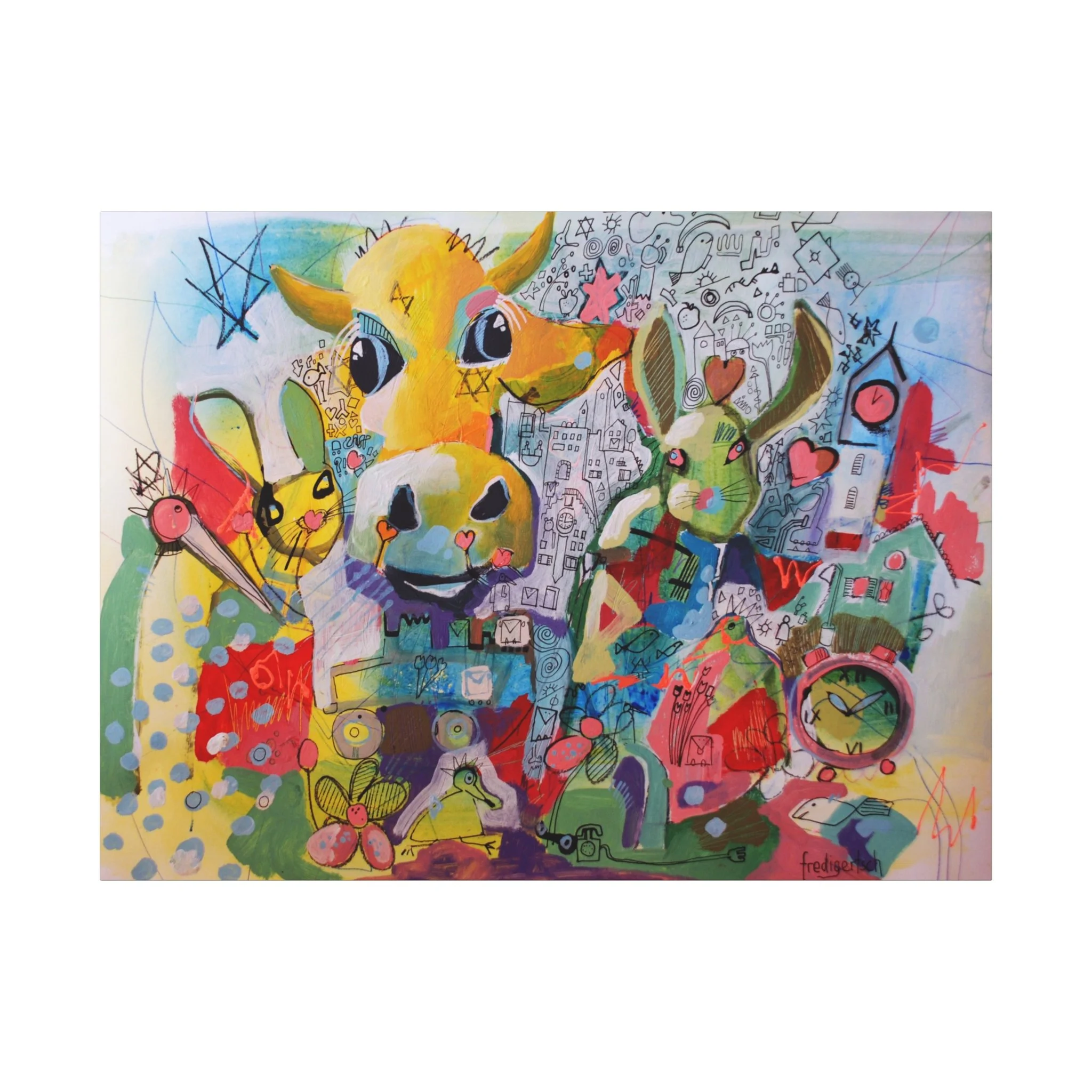 Osterhasi, Kunstdruck nach dem Original von Fredi Gertsch (2013), Schweizer Kunst als farbiges Wimmelbild mit Kuhmotiv, Hasen-Elementen und Symbolen, Serie Highlights 2013