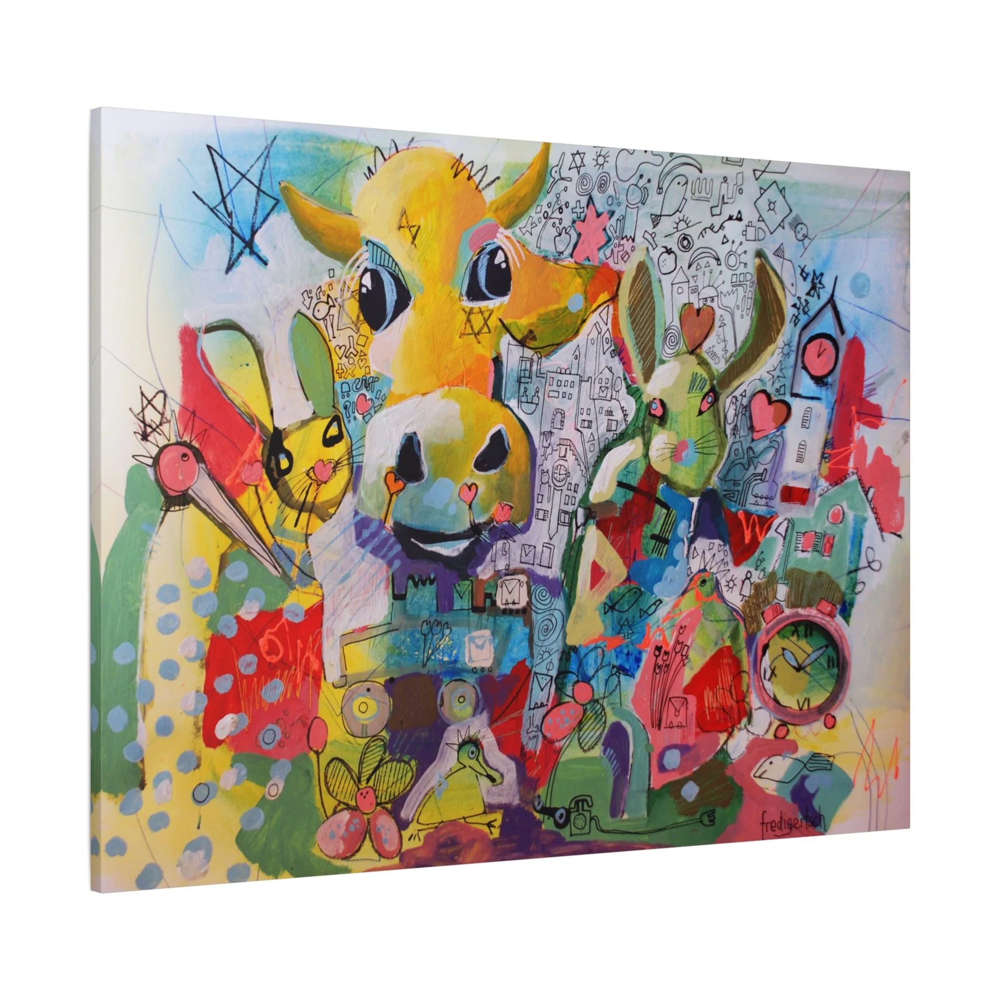 Osterhasi, Kunstdruck nach dem Original von Fredi Gertsch (2013), Schweizer Kunst als farbiges Wimmelbild mit Kuhmotiv, Hasen-Elementen und Symbolen, Serie Highlights 2013