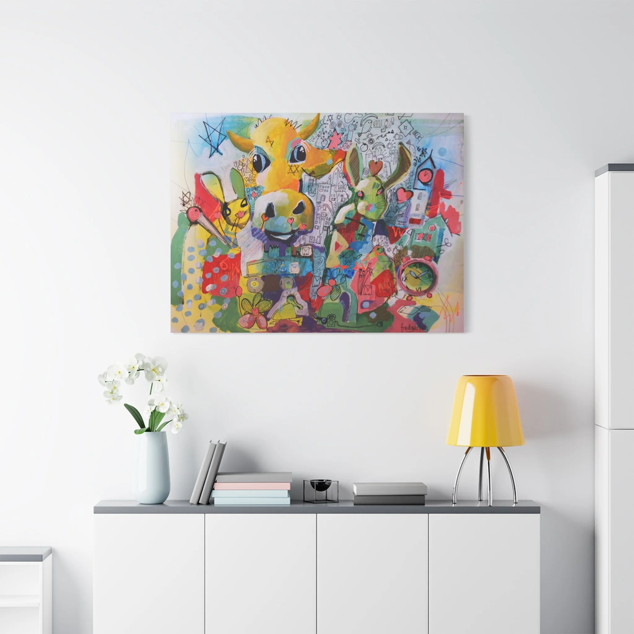 Osterhasi, Kunstdruck nach dem Original von Fredi Gertsch (2013), Schweizer Kunst als farbiges Wimmelbild mit Kuhmotiv, Hasen-Elementen und Symbolen, Serie Highlights 2013