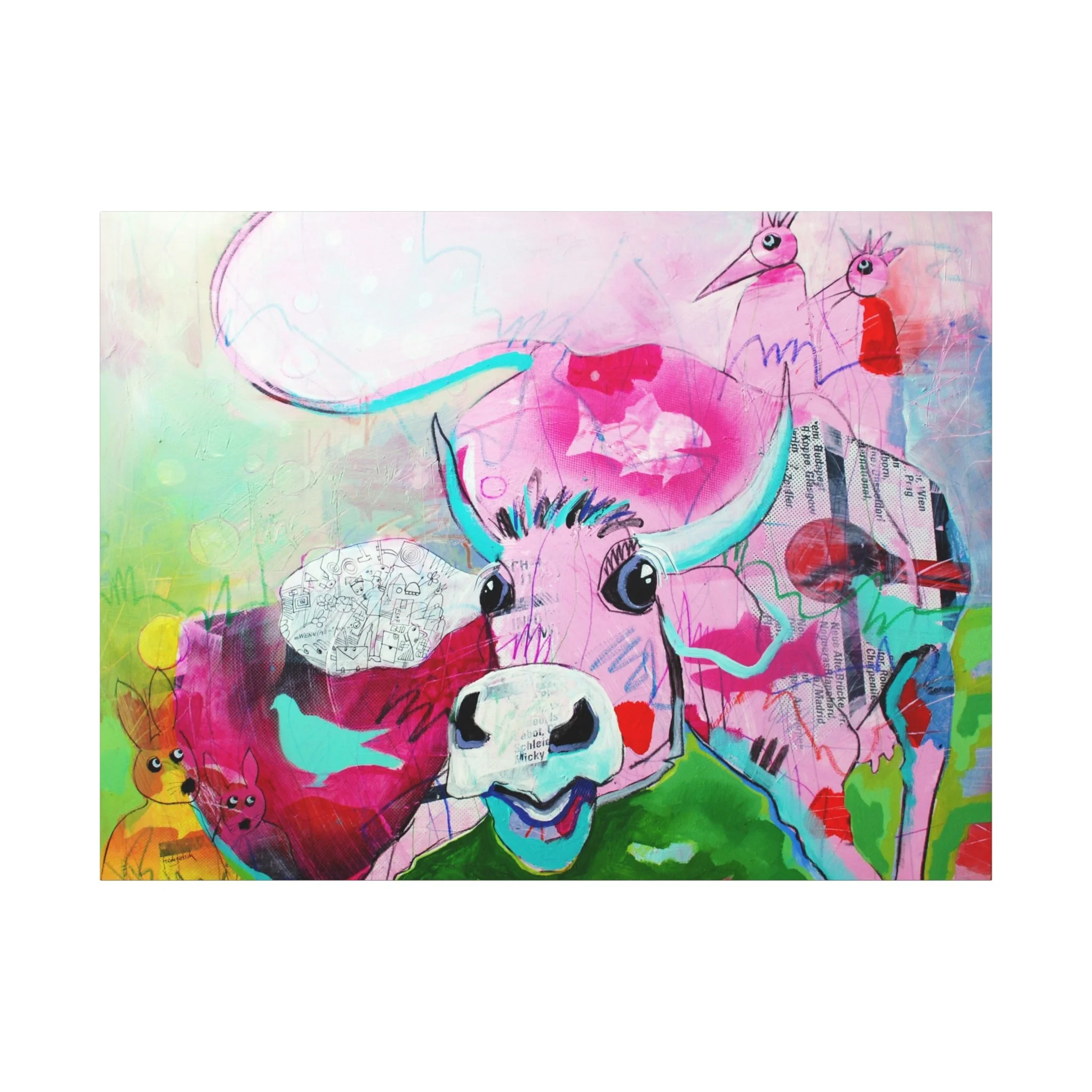 Rosa Rosenkohl, Kunstdruck nach dem Original von Fredi Gertsch (2013), Schweizer Kunst mit Kuhmotiv in Pink- und Pastelltönen, Serie Highlights 2013