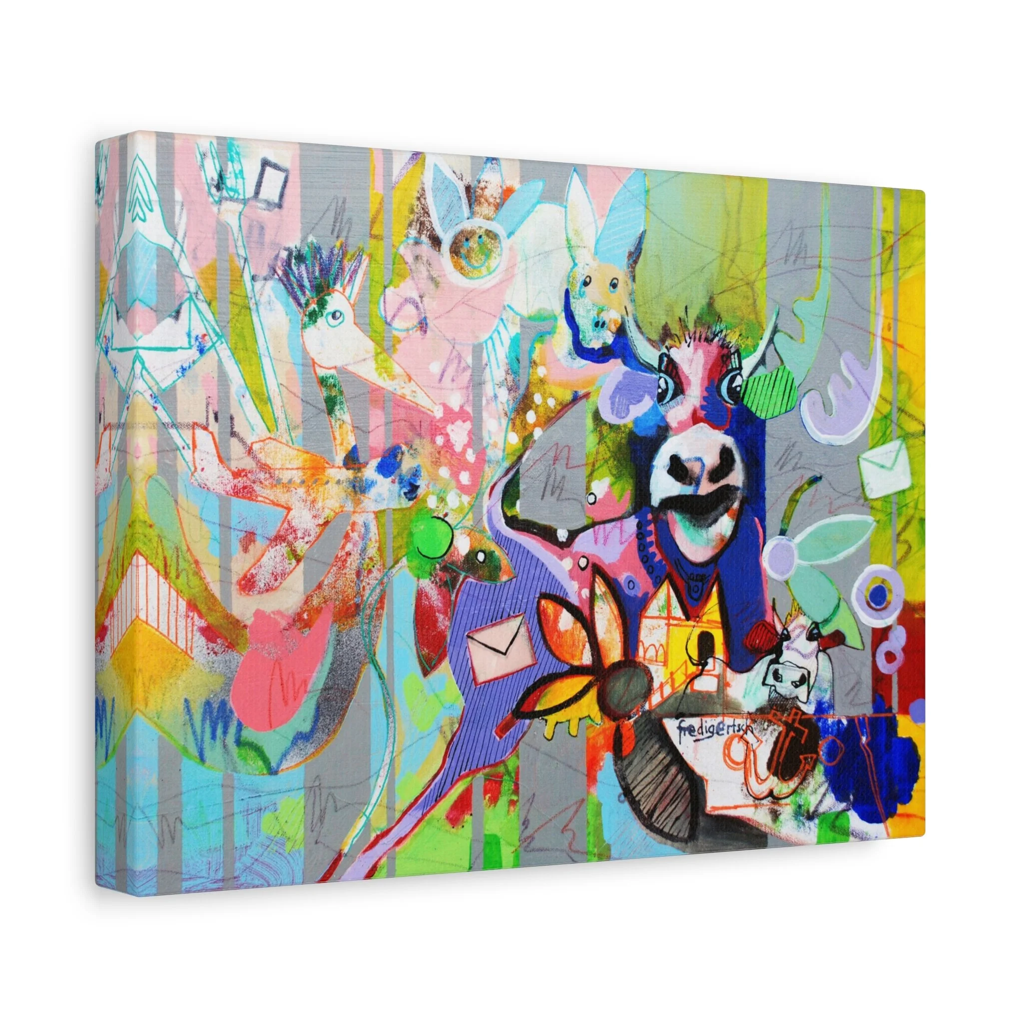 Lolitas Traum, Kunstdruck nach dem Original von Fredi Gertsch (2013), Schweizer Kunst als farbige Collage mit Kuhmotiv, Zeichen und Mustern, Serie Highlights 2013